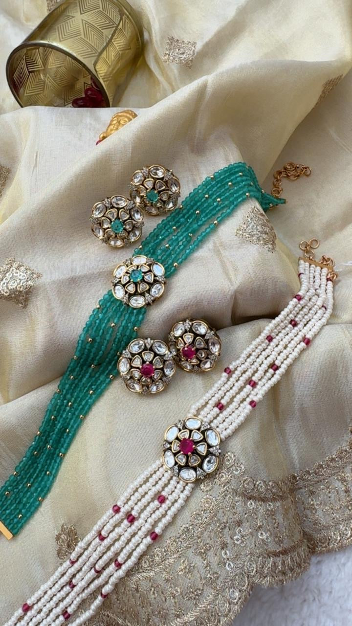 Emerald Green Beaded Kundan Choker Set with Stud Earrings Reyshaa
