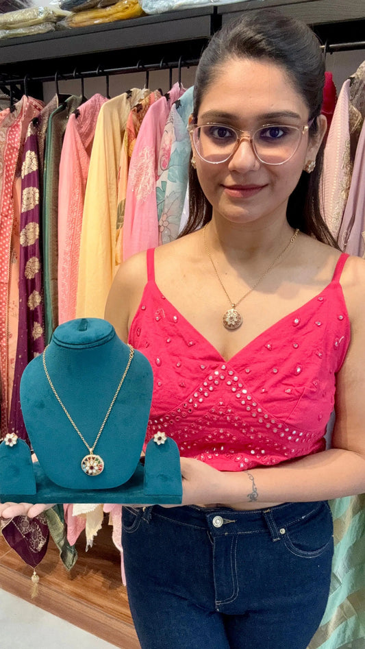 Elegant Navratan Pendant Set with Matching Stud Earrings Reyshaa