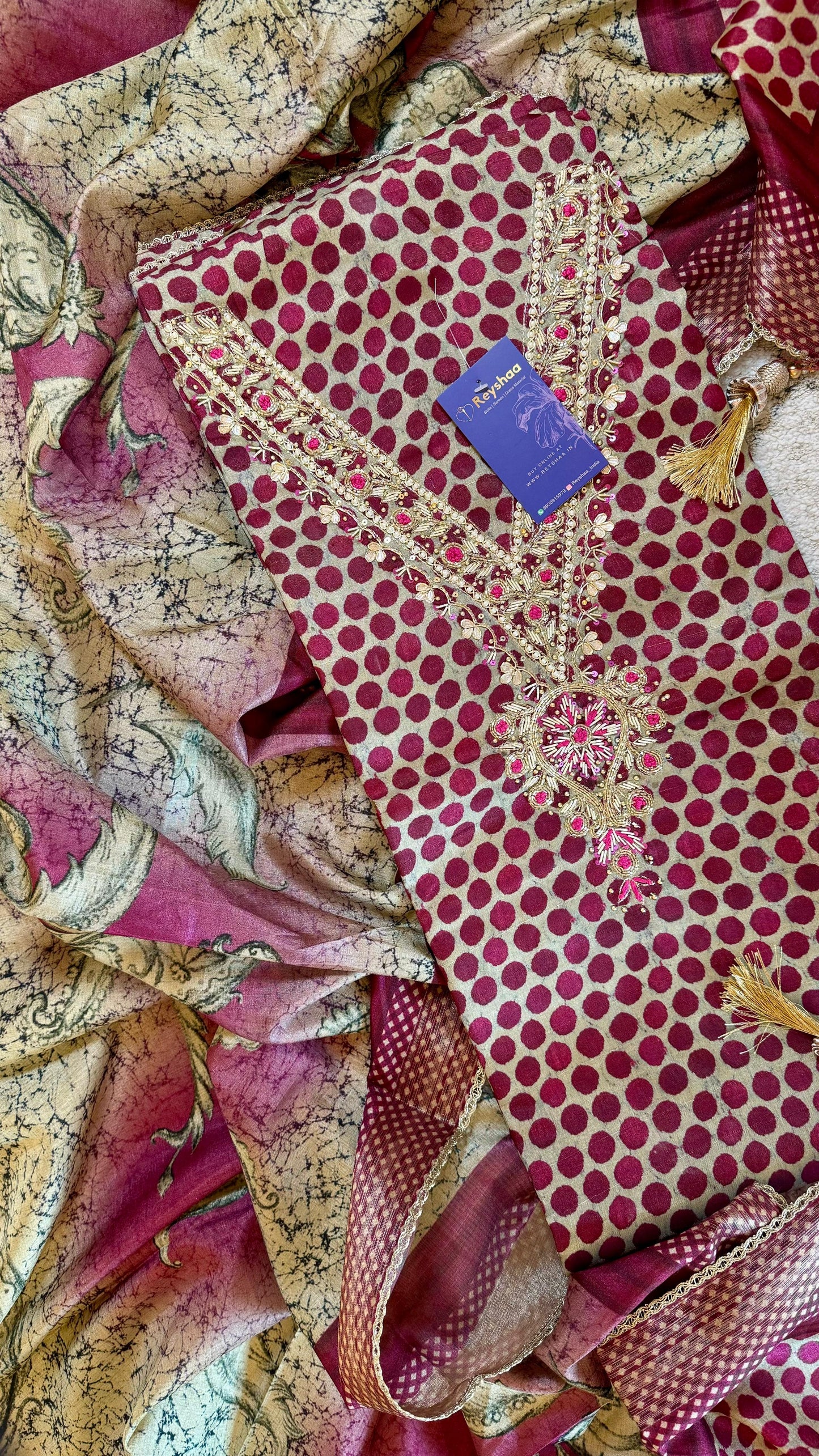 Raw Silk Polka Dots Suit Dress Material