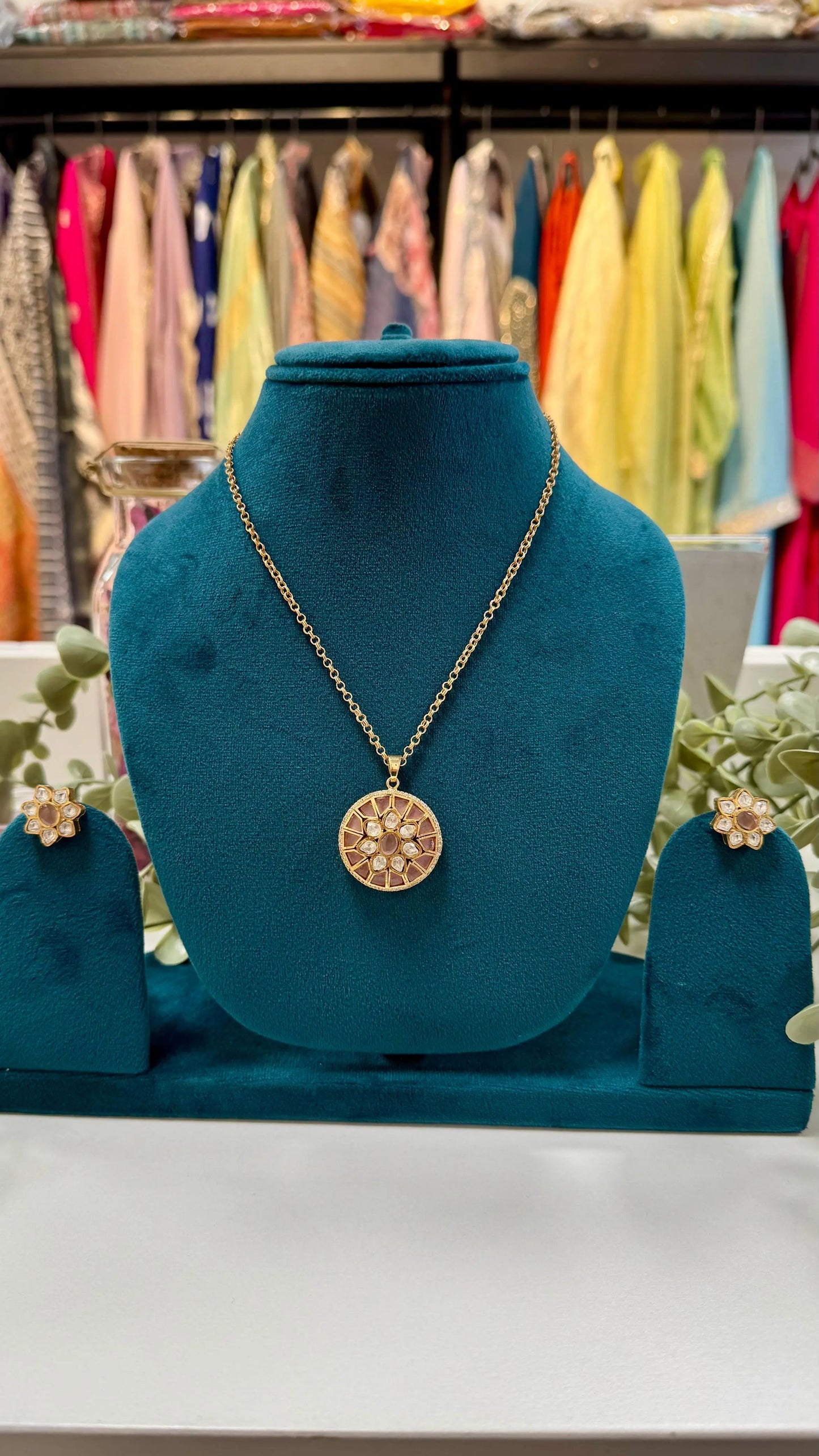 Elegant Navratan Pendant Set with Matching Stud Earrings Reyshaa