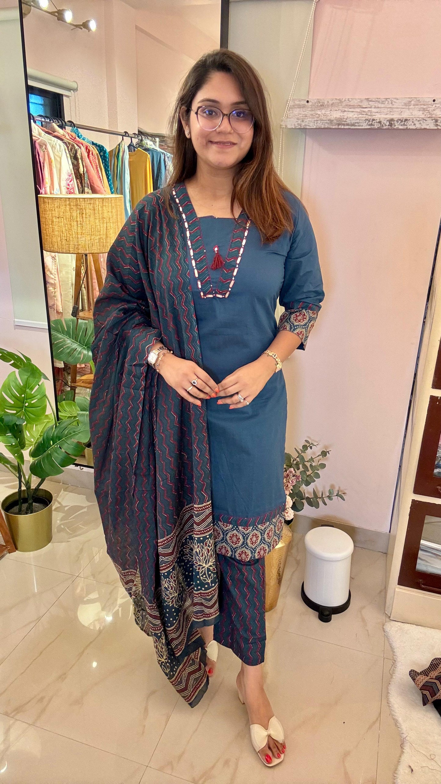 Women Pure Cotton Ajrakh Print With Thread Embroidery Readymade Suit Set