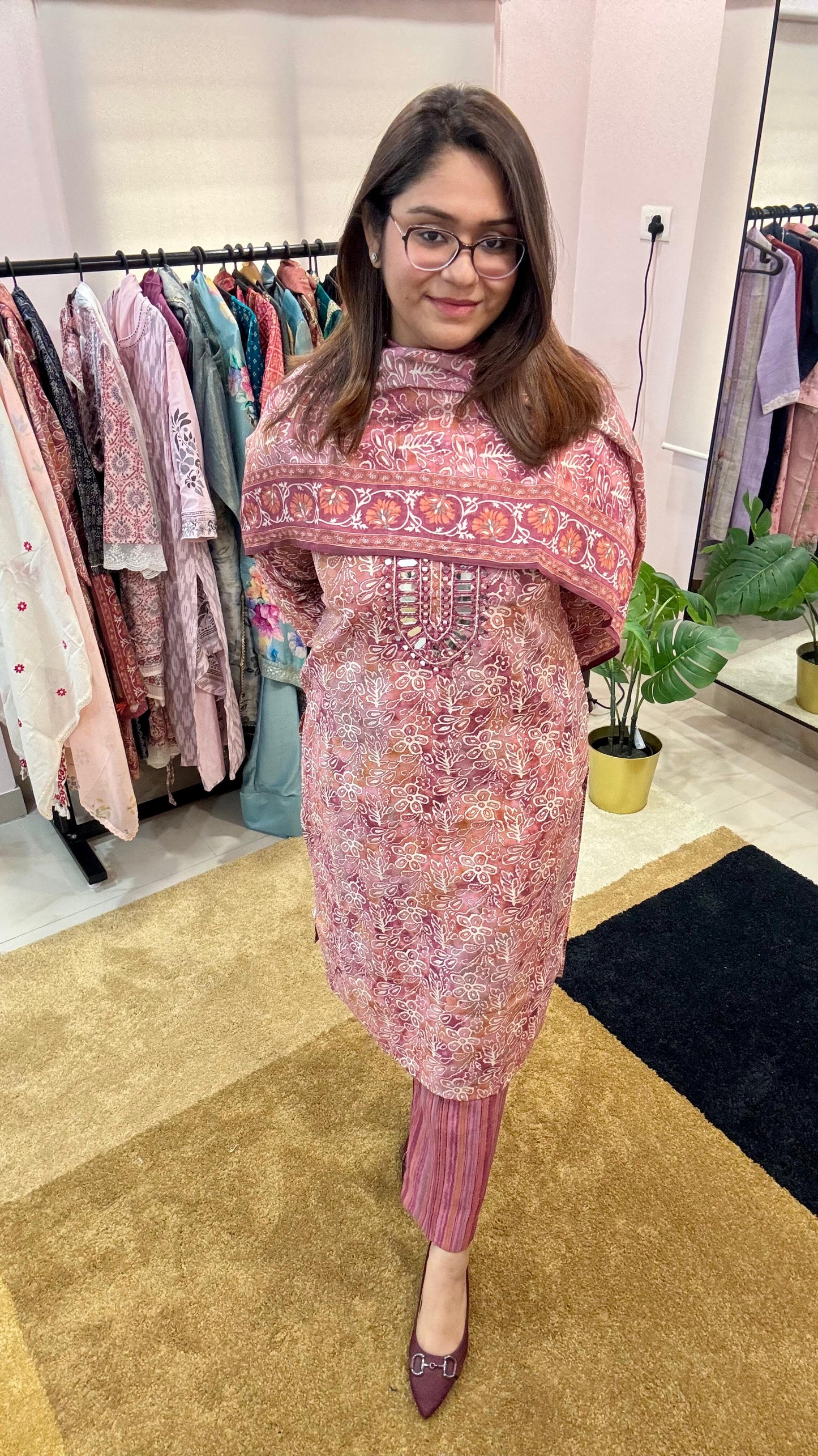 Women Pure Muslin With Real Mirror Work Readymade Suit Set