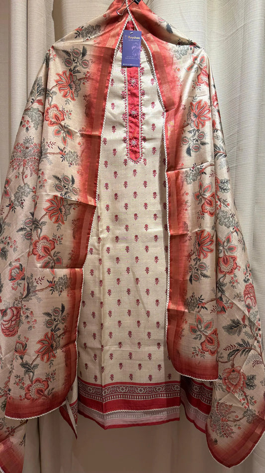 Women Handloom Tussar With Block Printing Silk Suit Dress Material Reyshaa