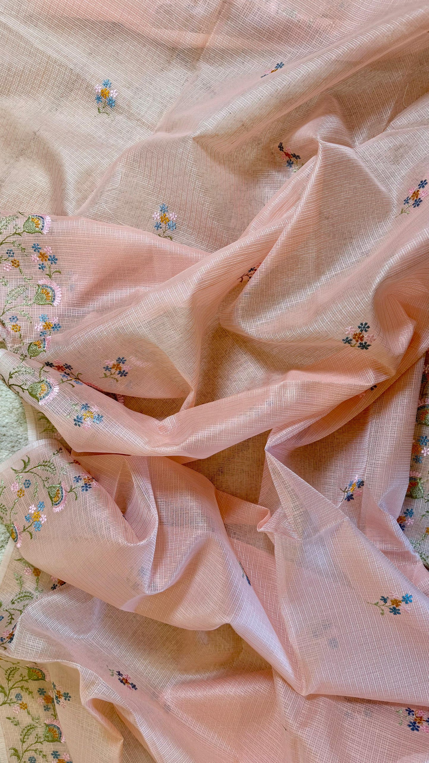 Women Elegant Peach Soft Kota Doria Thread Embroidery Suit Dress Material