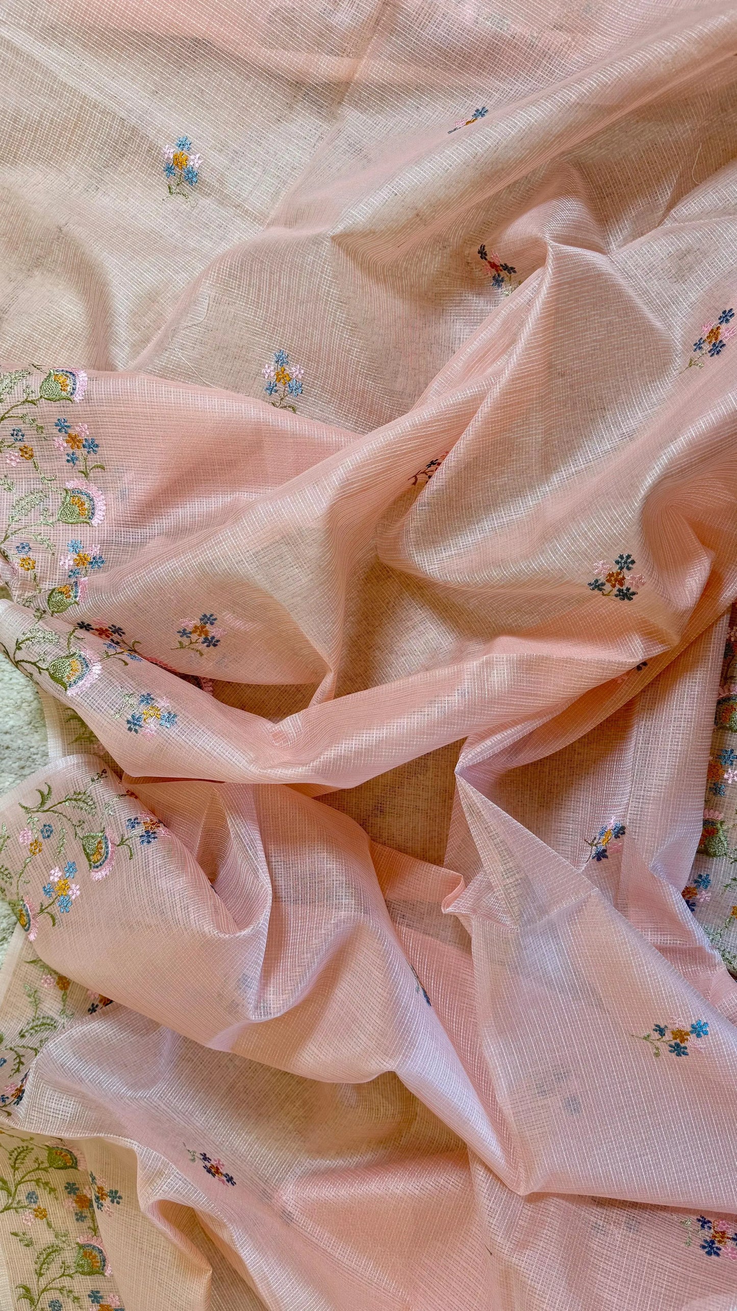 Women Elegant Peach Soft Kota Doria Thread Embroidery Suit Dress Material Reyshaa