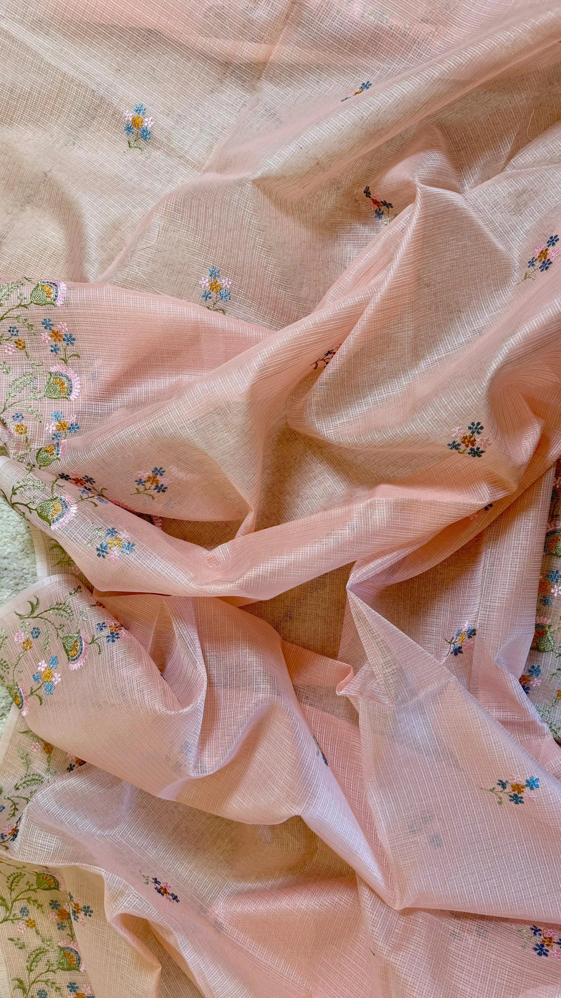 Women Elegant Peach Soft Kota Doria Thread Embroidery Suit Dress Material Reyshaa