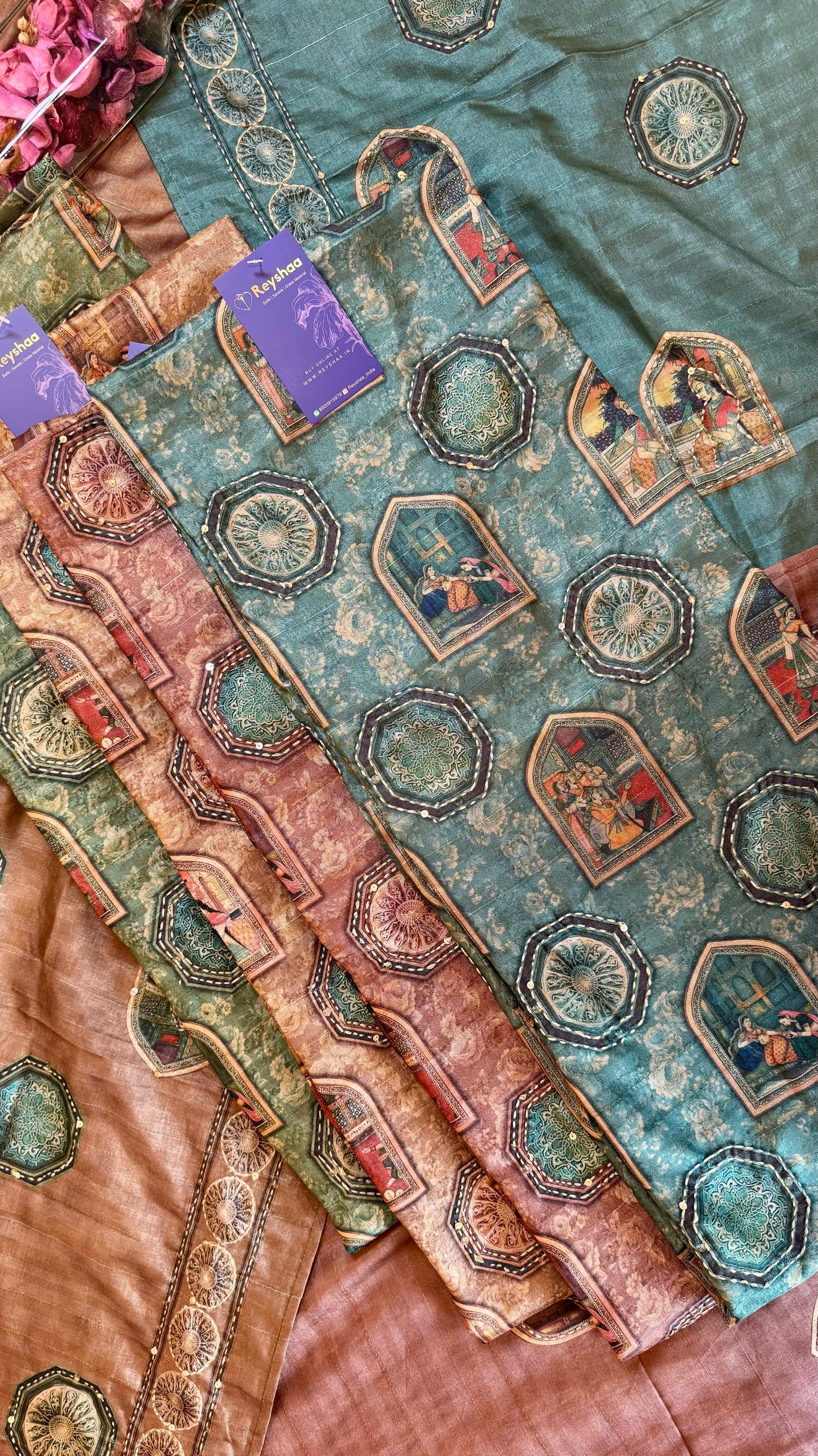 Women Madhubani Art Kantha Embroidery Tussar Silk Suit Dress Material Reyshaa