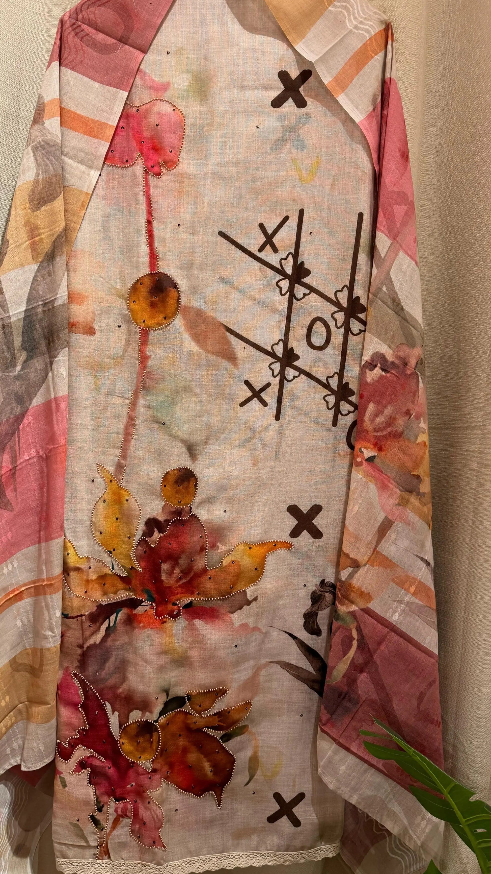 Women Linen Cotton Abstract Art Brush Paint Suit Dress Material