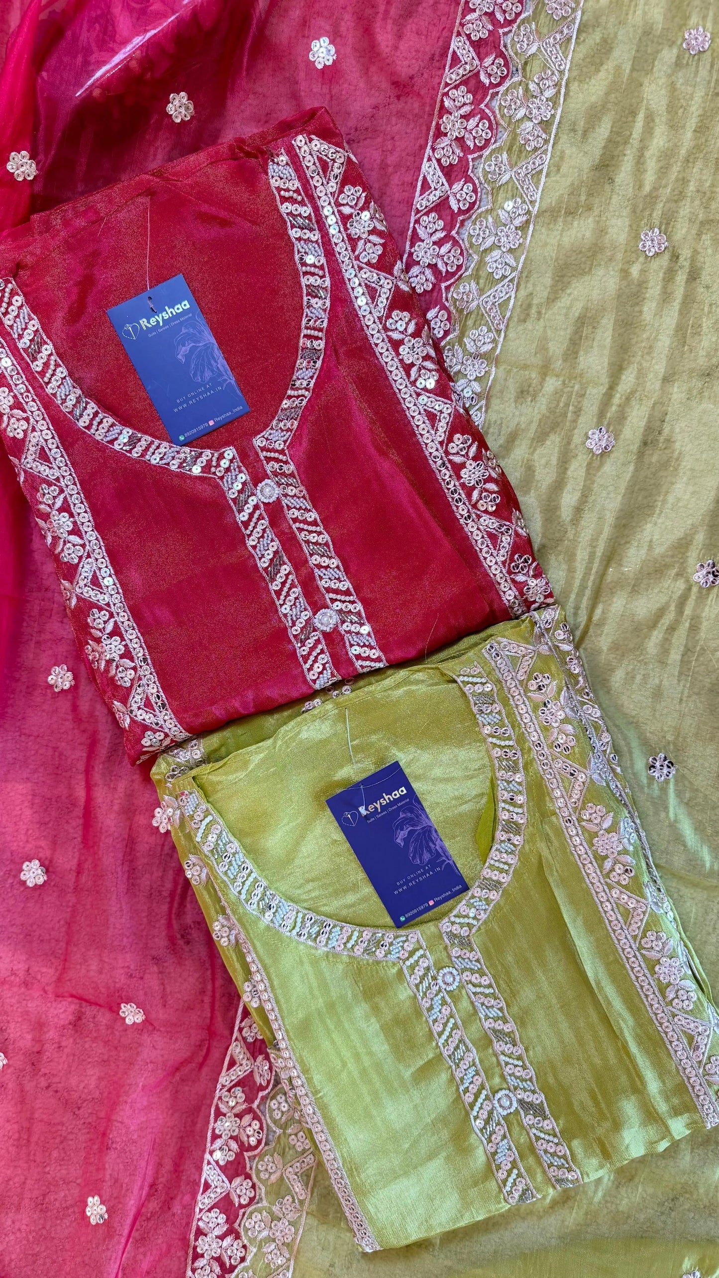 Women Wedding Wear Tissue Shimmer Pearl Embellishing Suit Dress Material Reyshaa