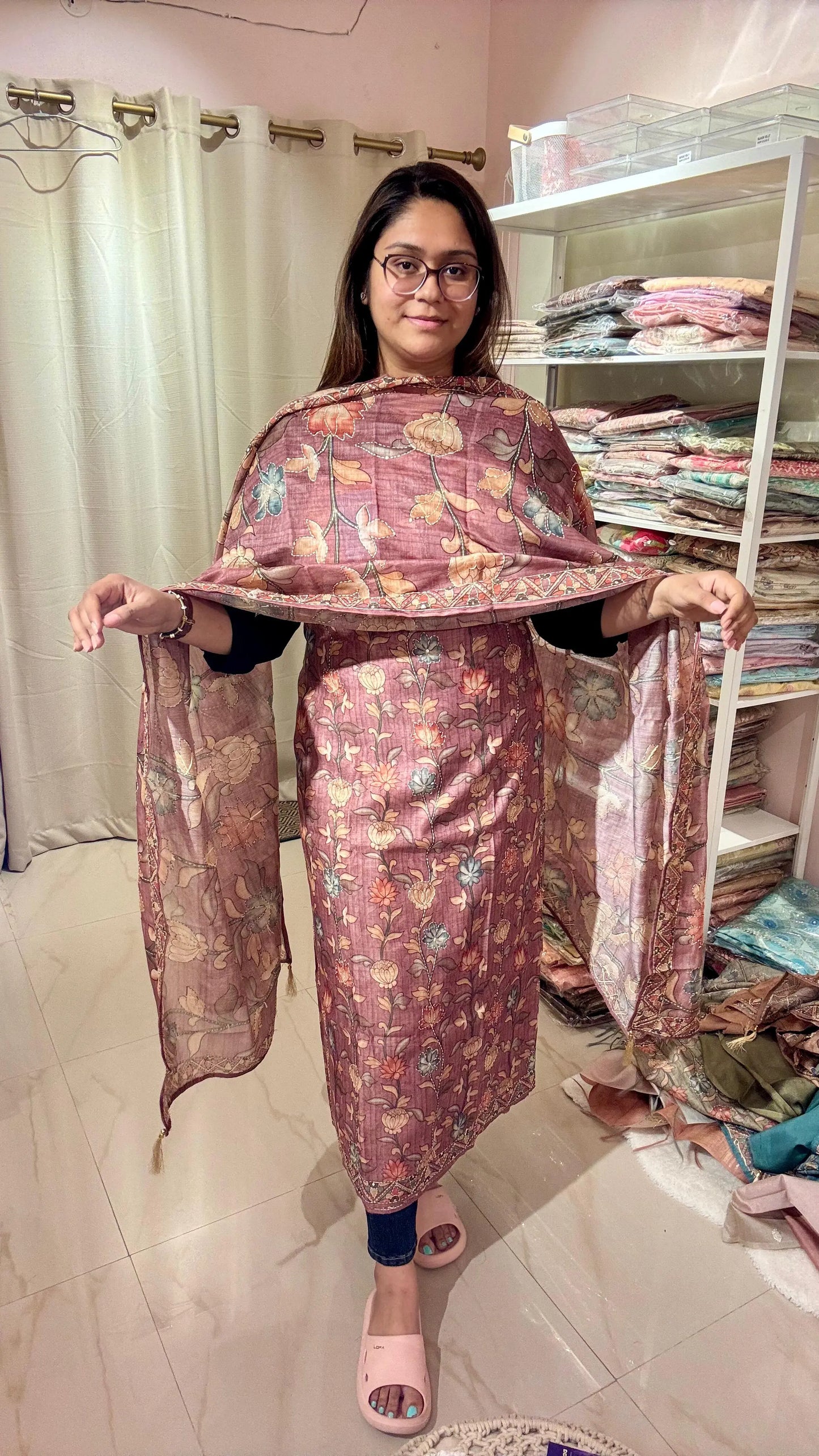 Women Pichwai Printed Kantha Work Chanderi Suit Dress Material Reyshaa