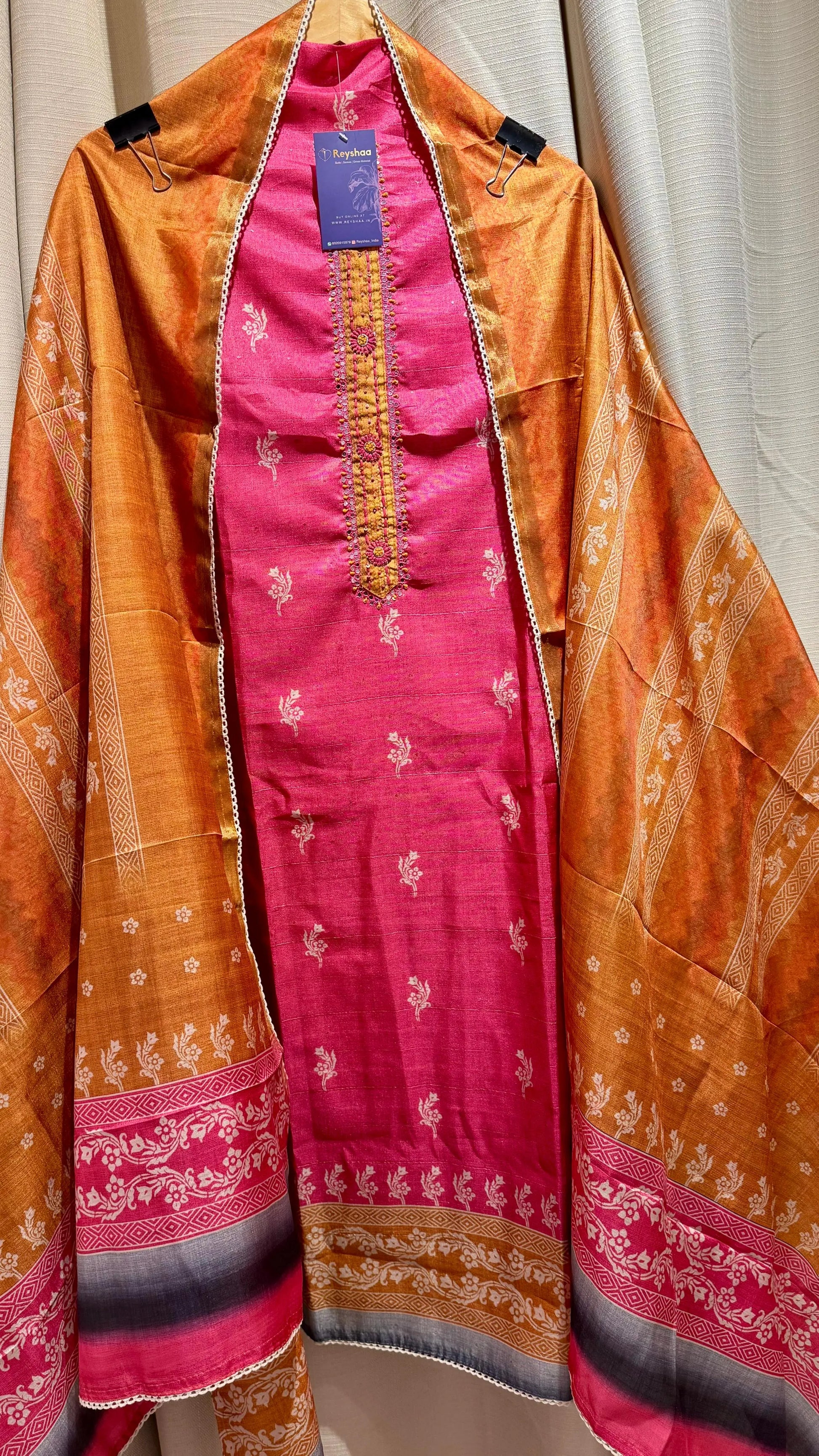 Women Tussar Silk Block Print Bright Tone Suit Dress Material Reyshaa