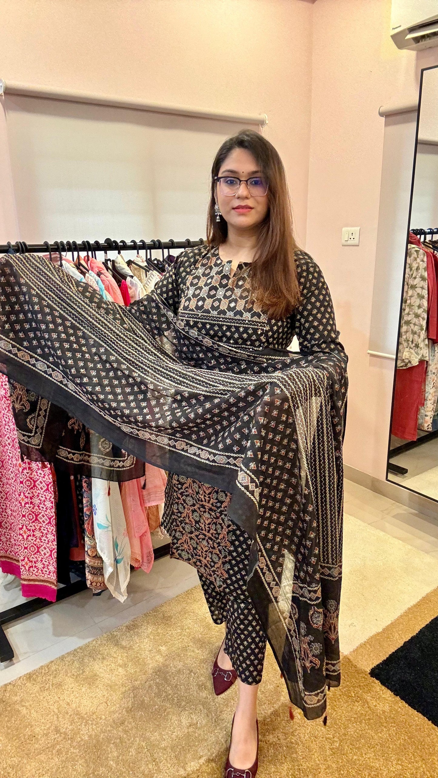 Women Ajrakh Cotton Readymade Suit Set