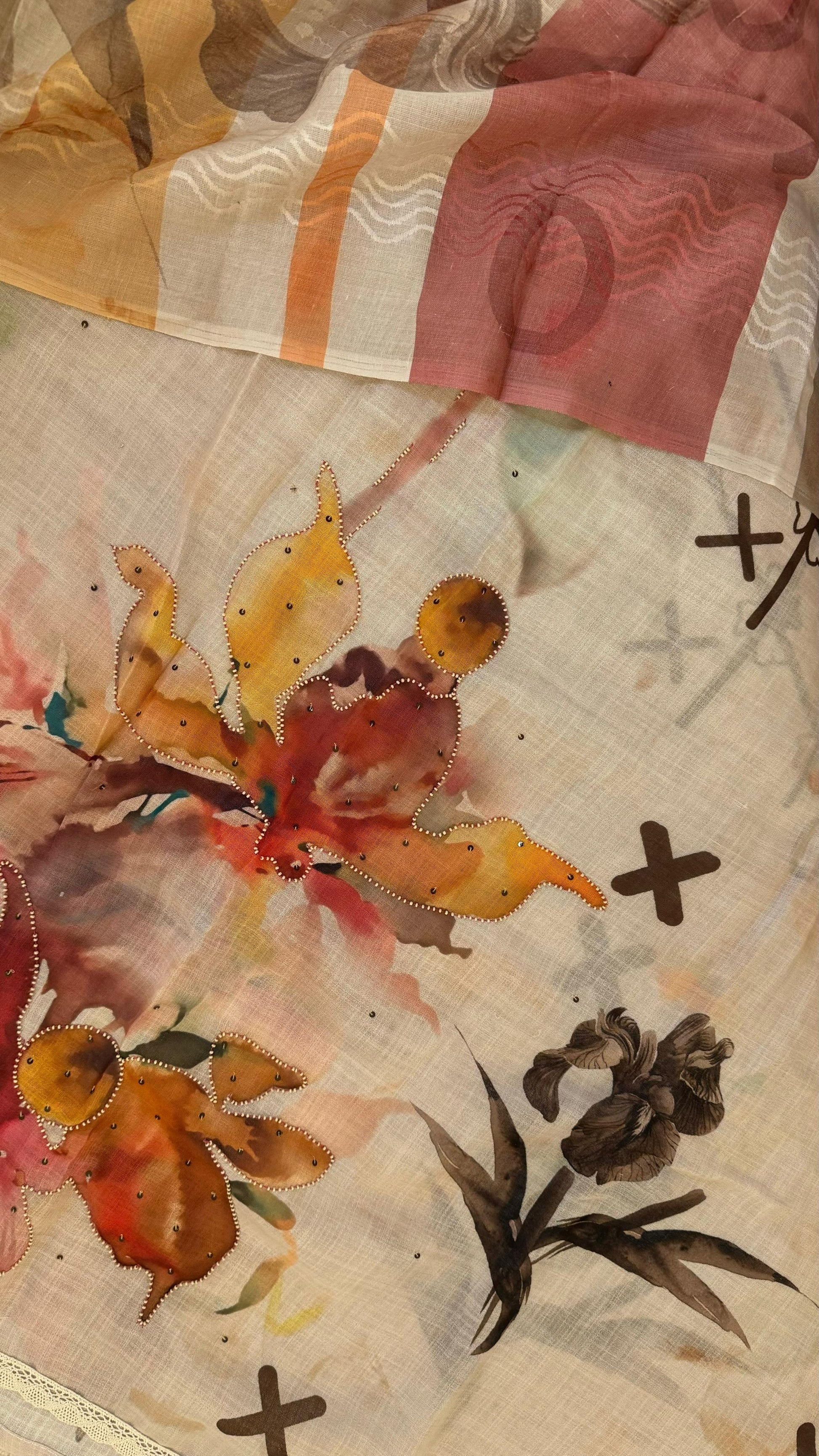 Women Linen Cotton Abstract Art Brush Paint Suit Dress Material