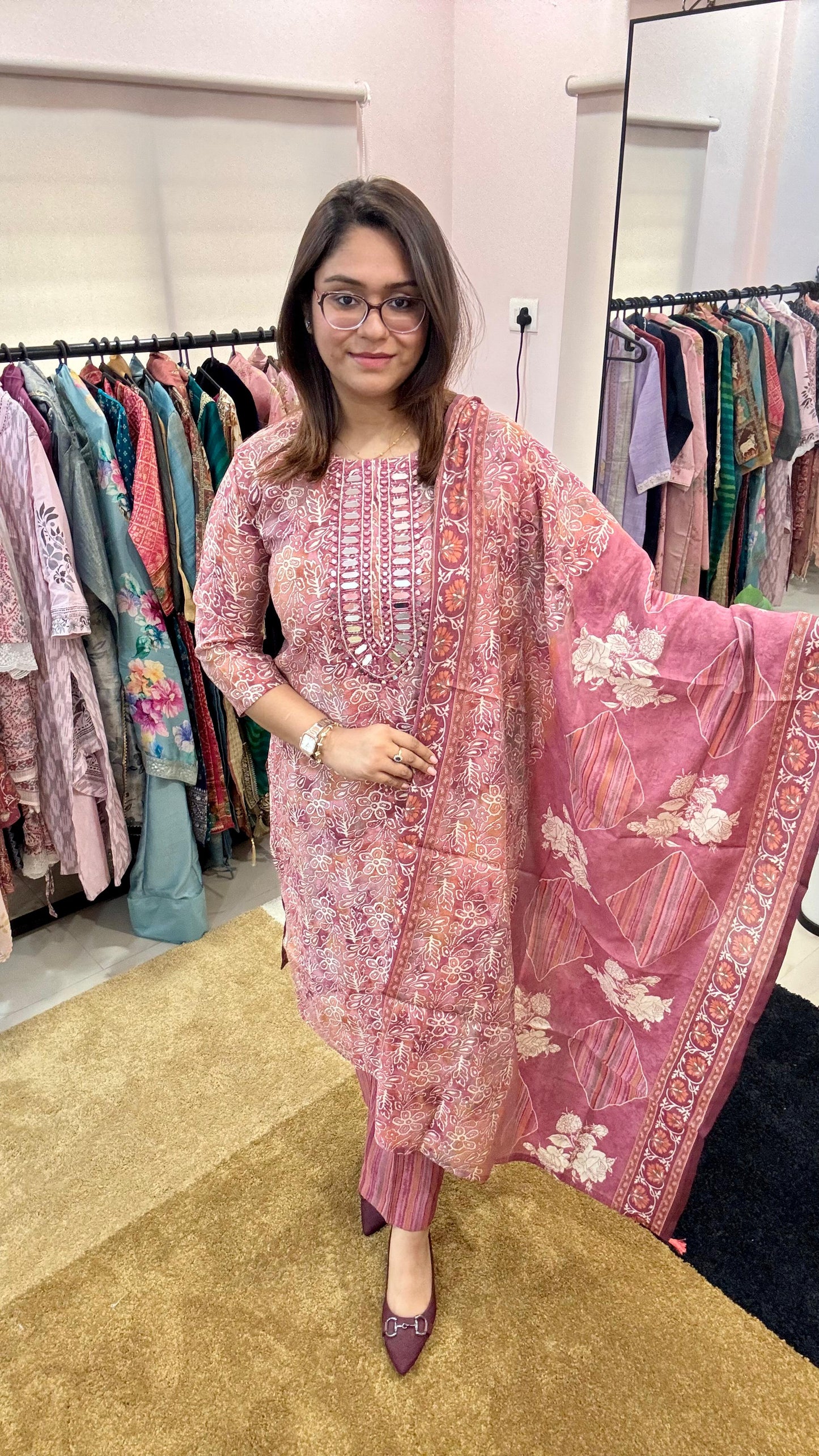 Women Pure Muslin With Real Mirror Work Readymade Suit Set