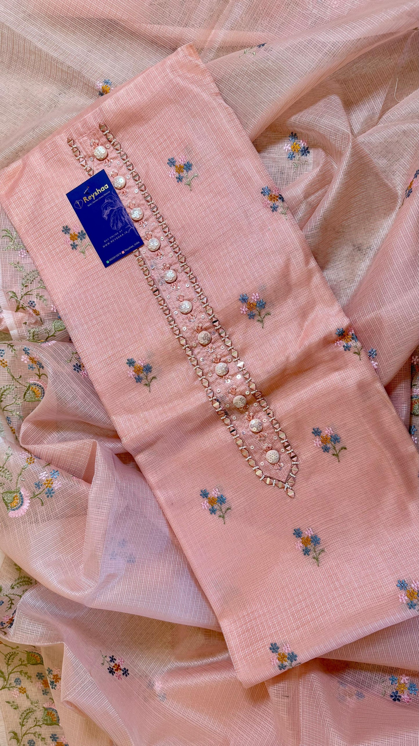 Women Elegant Peach Soft Kota Doria Thread Embroidery Suit Dress Material