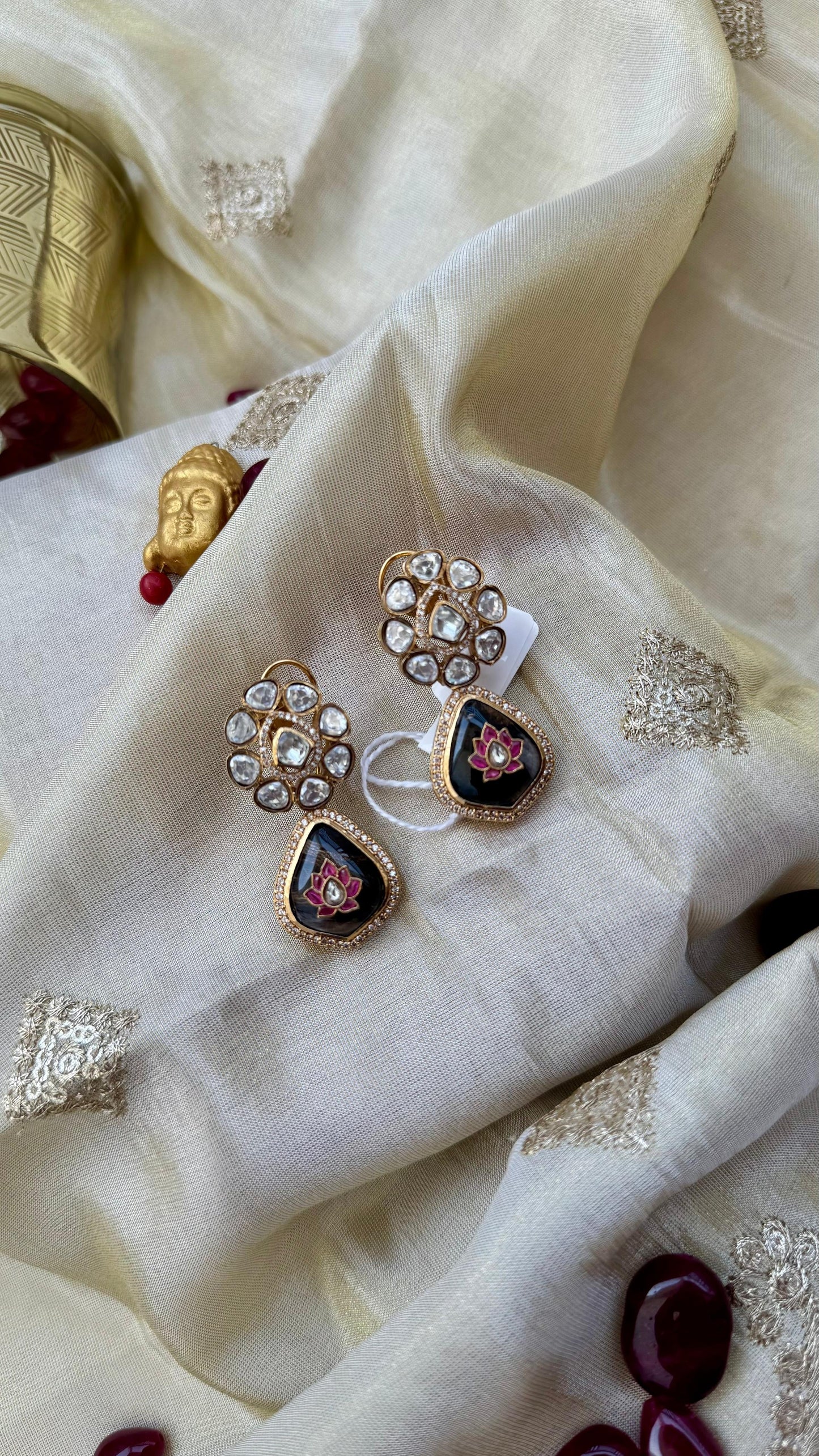 Kundan Stud Earrings with Lotus Meenakari Drop Reyshaa