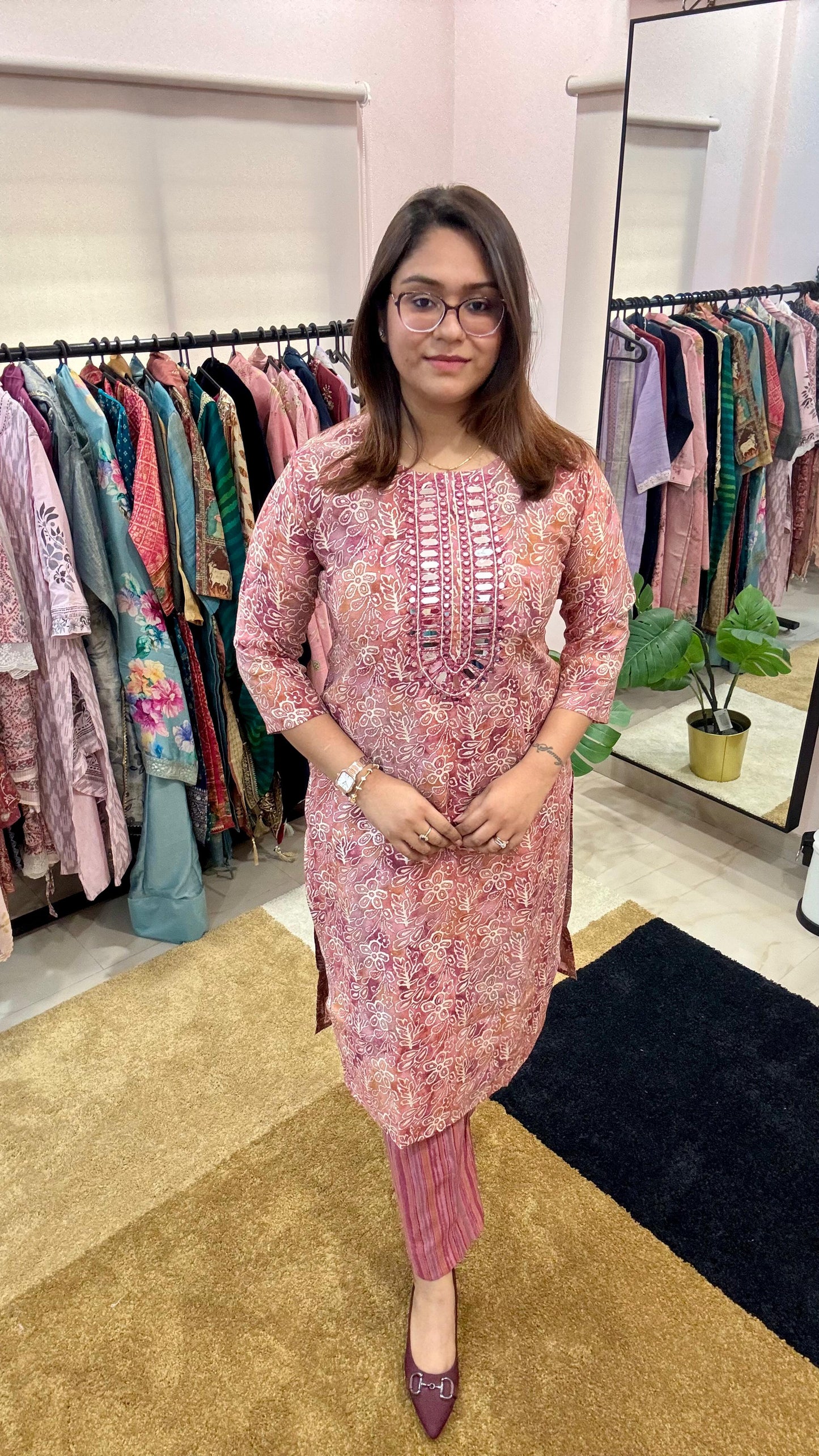 Women Pure Muslin With Real Mirror Work Readymade Suit Set