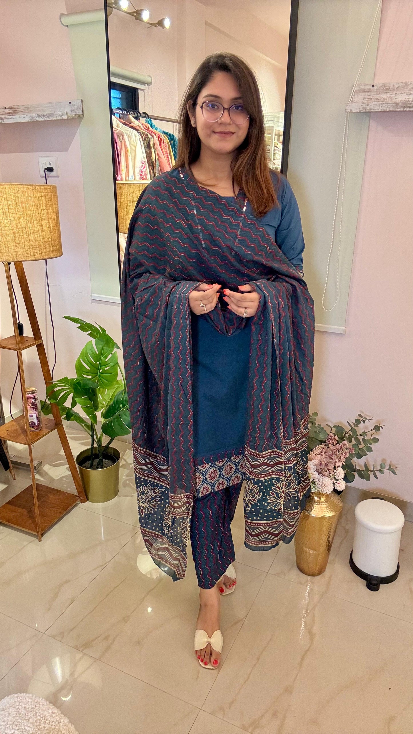 Women Pure Cotton Ajrakh Print With Thread Embroidery Readymade Suit Set