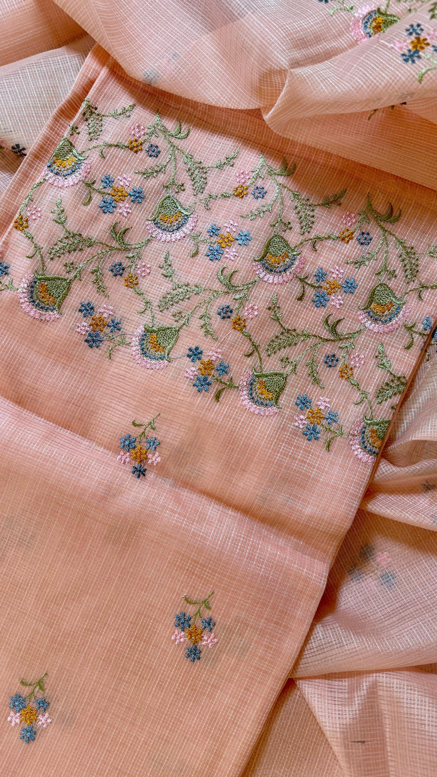 Women Elegant Peach Soft Kota Doria Thread Embroidery Suit Dress Material