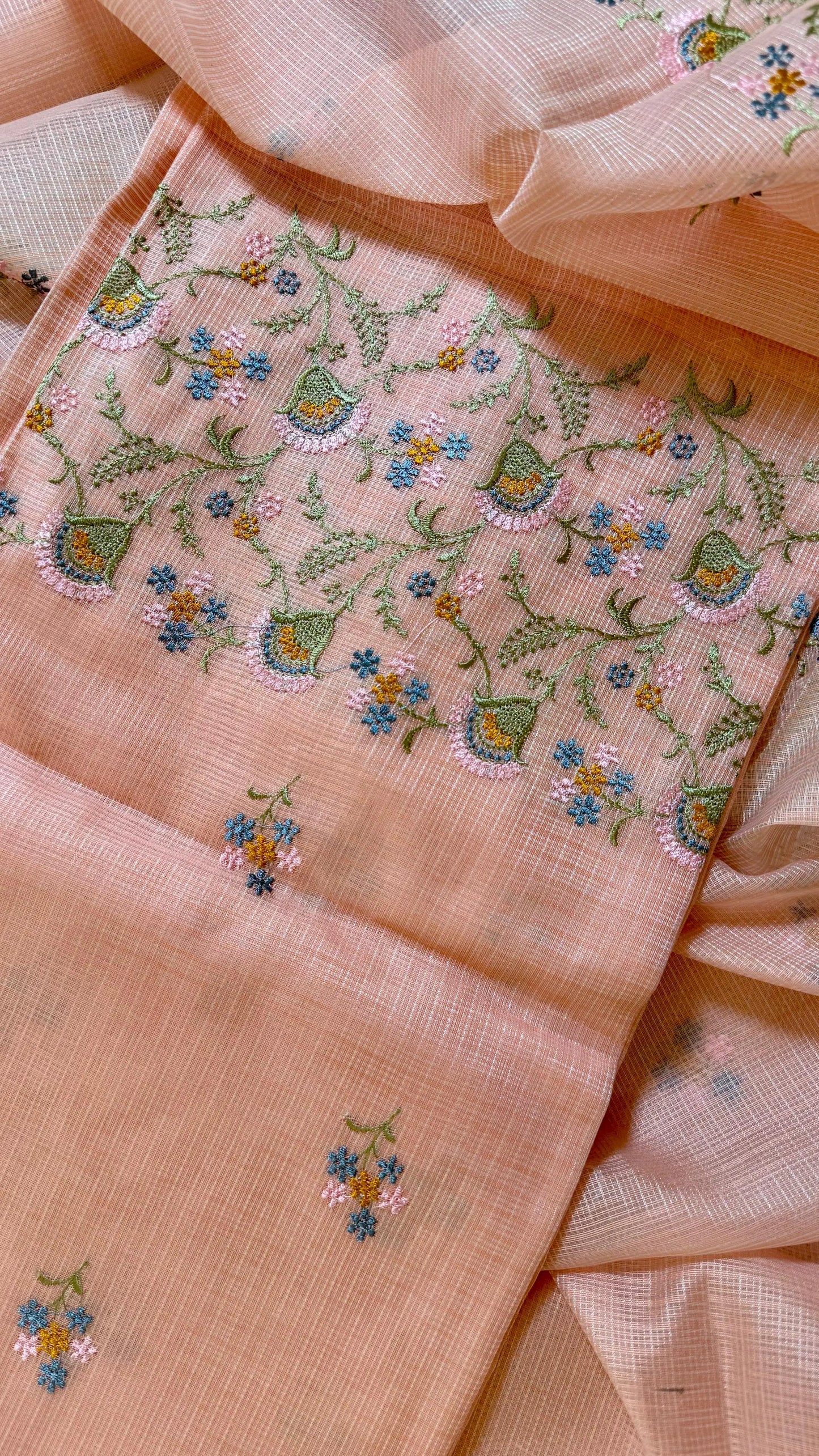 Women Elegant Peach Soft Kota Doria Thread Embroidery Suit Dress Material Reyshaa