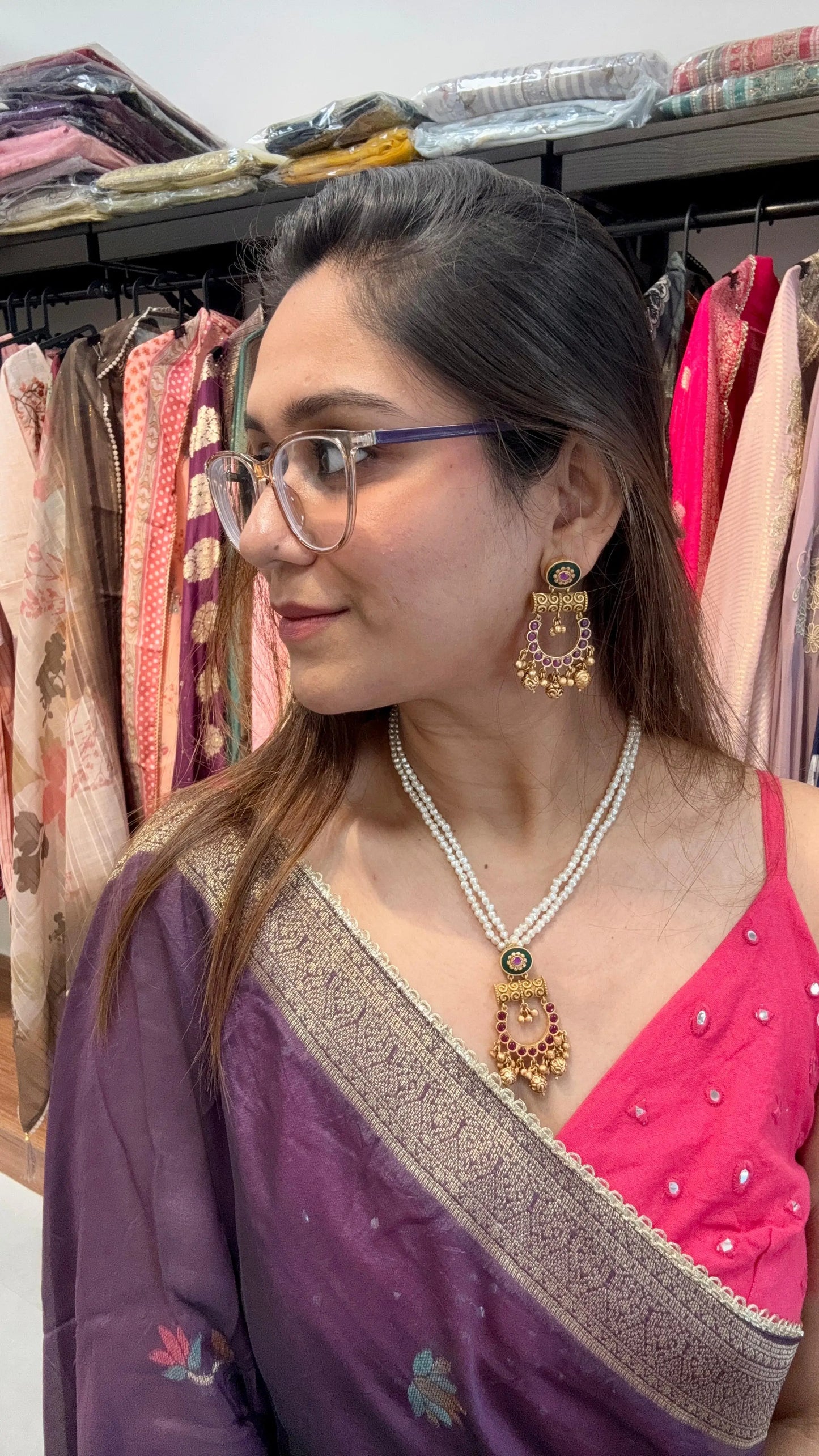 Temple Jewellery Style Pendant Set with Double Layer Pearl Mala & Stud Earrings Reyshaa