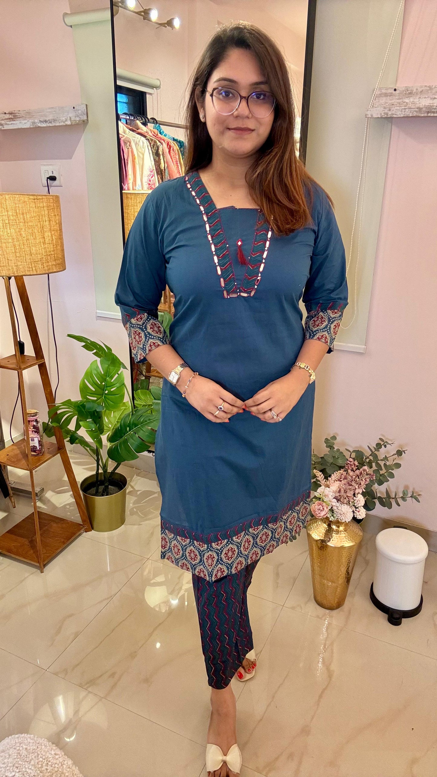 Women Pure Cotton Ajrakh Print With Thread Embroidery Readymade Suit Set