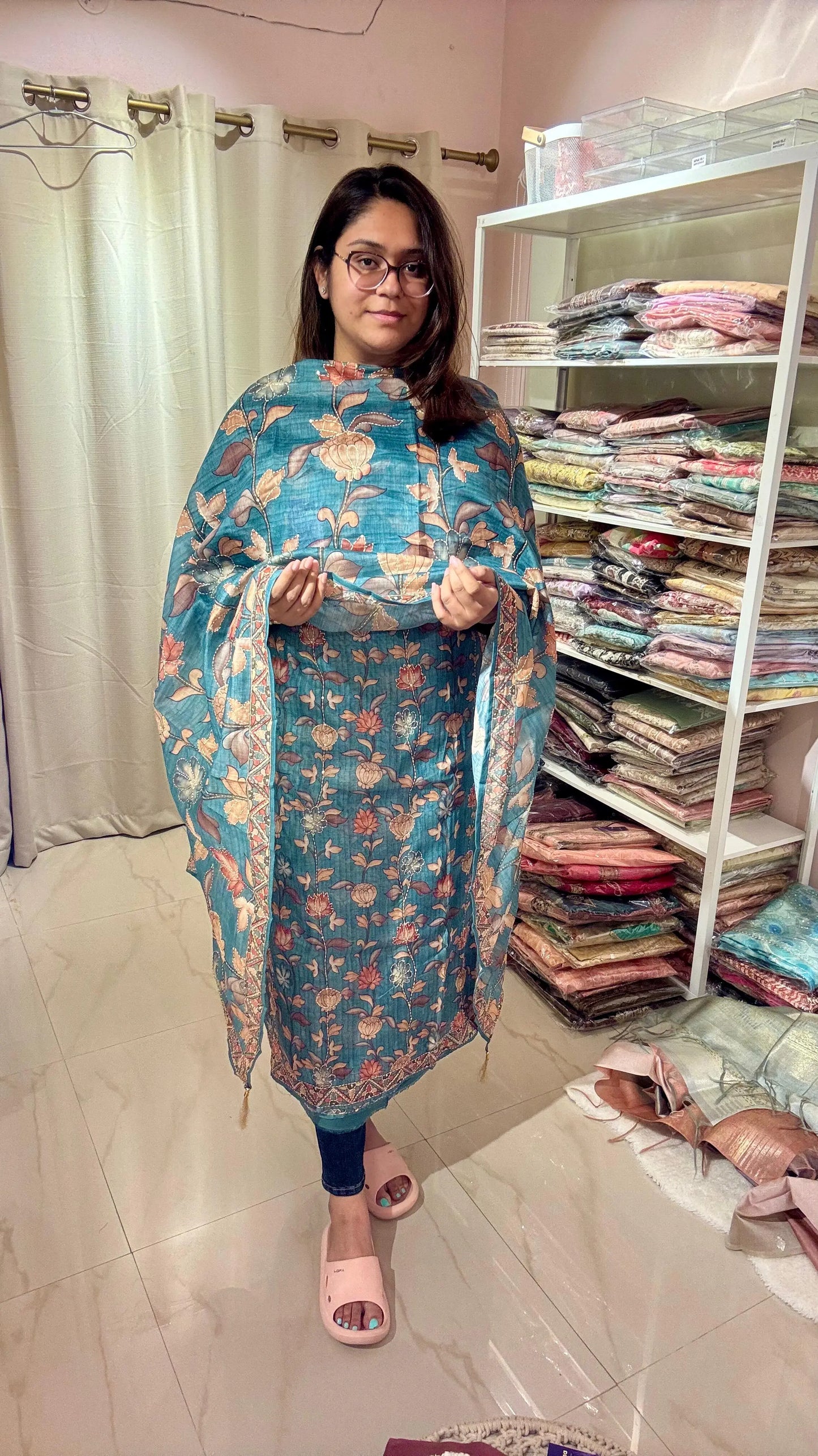 Women Pichwai Printed Kantha Work Chanderi Suit Dress Material Reyshaa