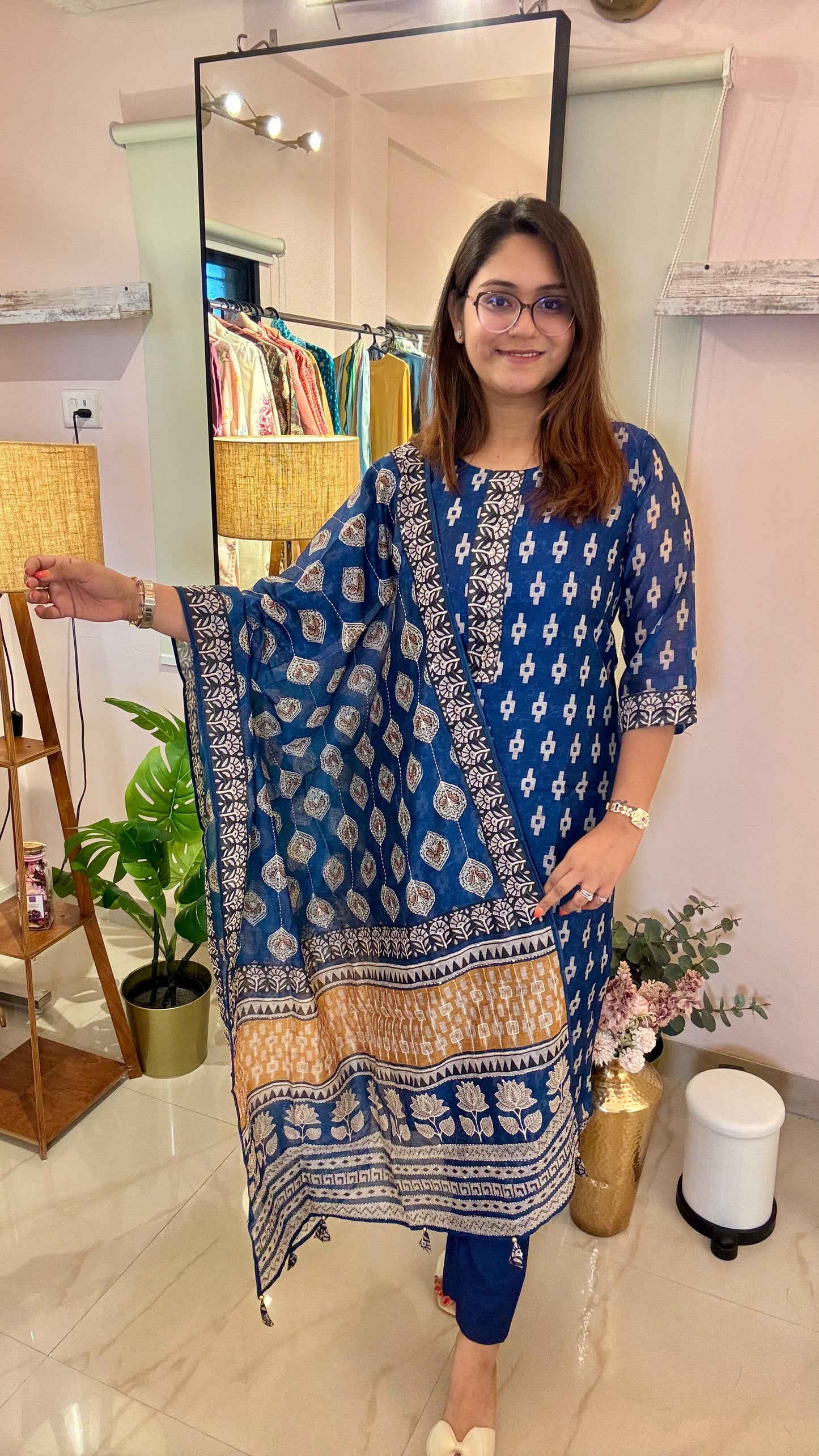 Women Dabu Handblock Printed Chanderi Readymade Suit Set