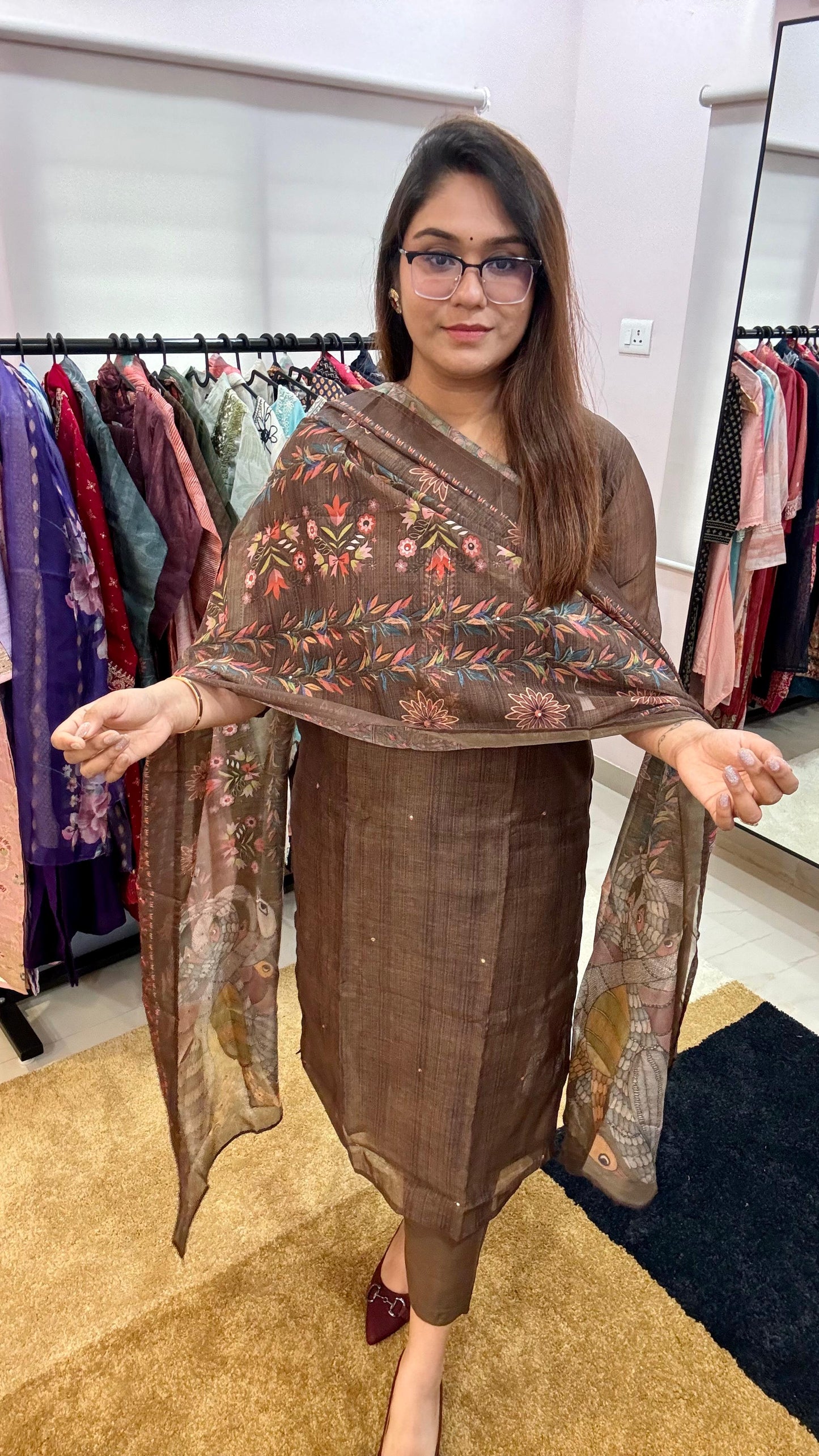 Women Maheshwari Crepe Lining Readymade Suit Set