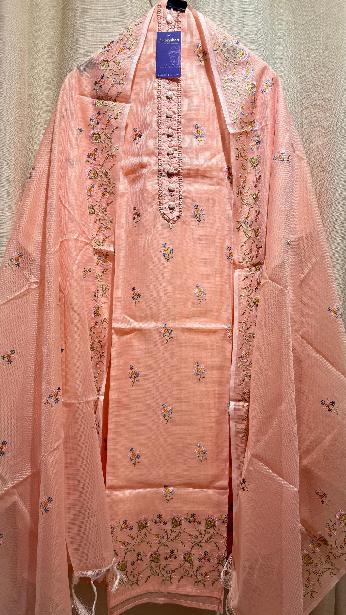 Women Elegant Peach Soft Kota Doria Thread Embroidery Suit Dress Material