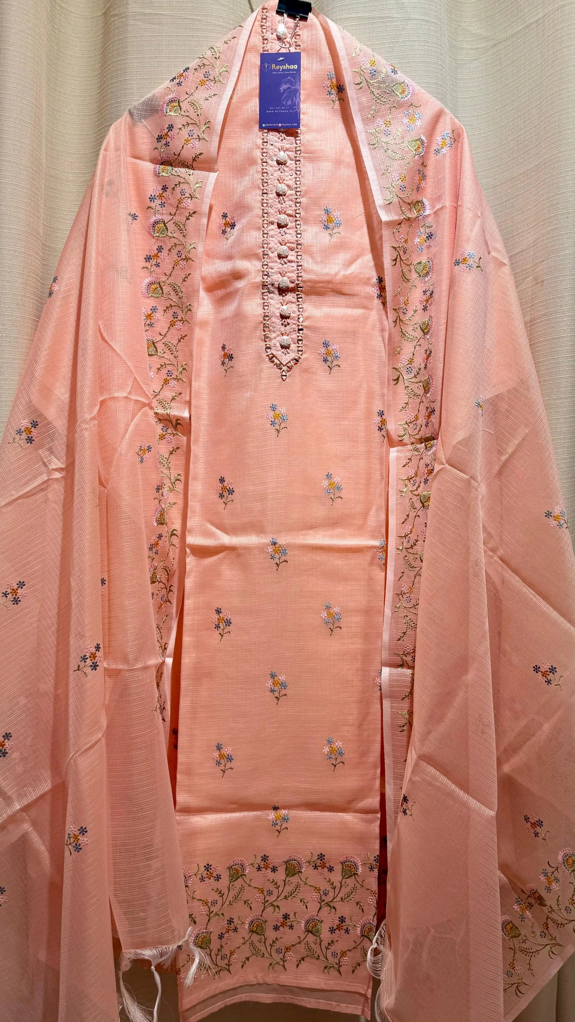 Women Elegant Peach Soft Kota Doria Thread Embroidery Suit Dress Material Reyshaa