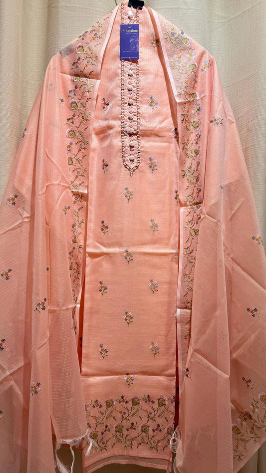 Women Elegant Peach Soft Kota Doria Thread Embroidery Suit Dress Material Reyshaa