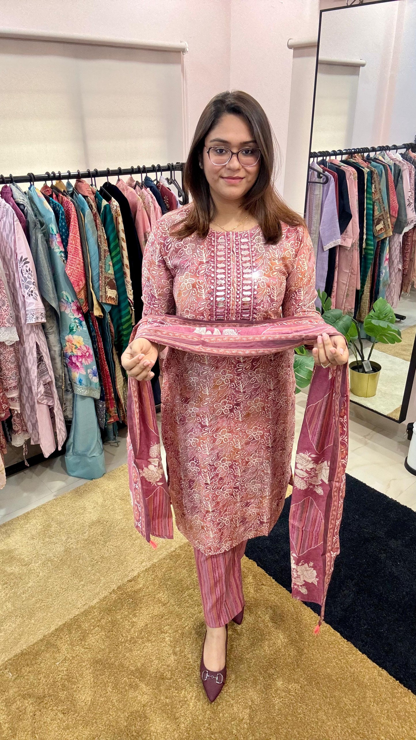 Women Pure Muslin With Real Mirror Work Readymade Suit Set