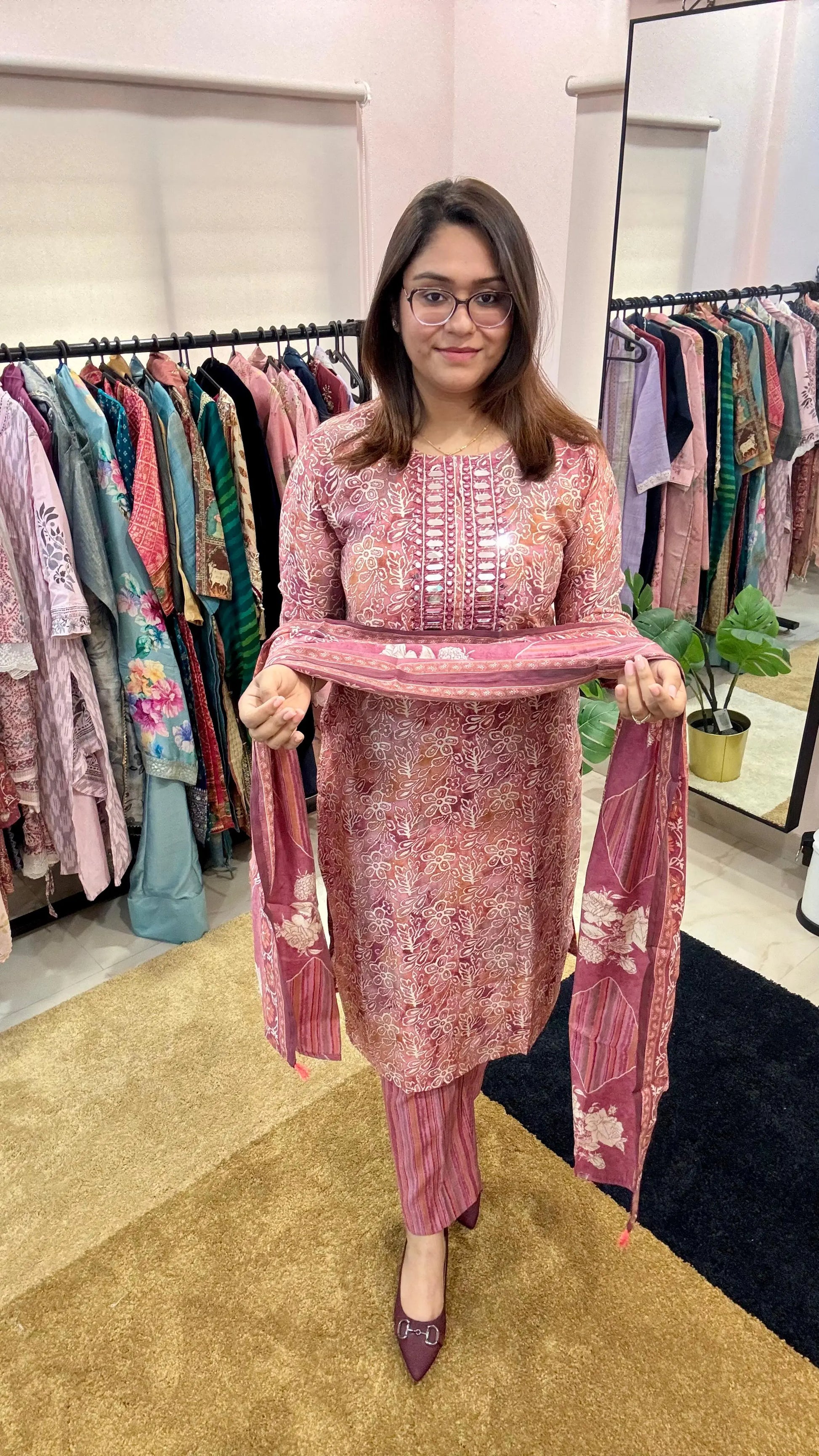 Women Pure Muslin With Real Mirror Work Readymade Suit Set Reyshaa