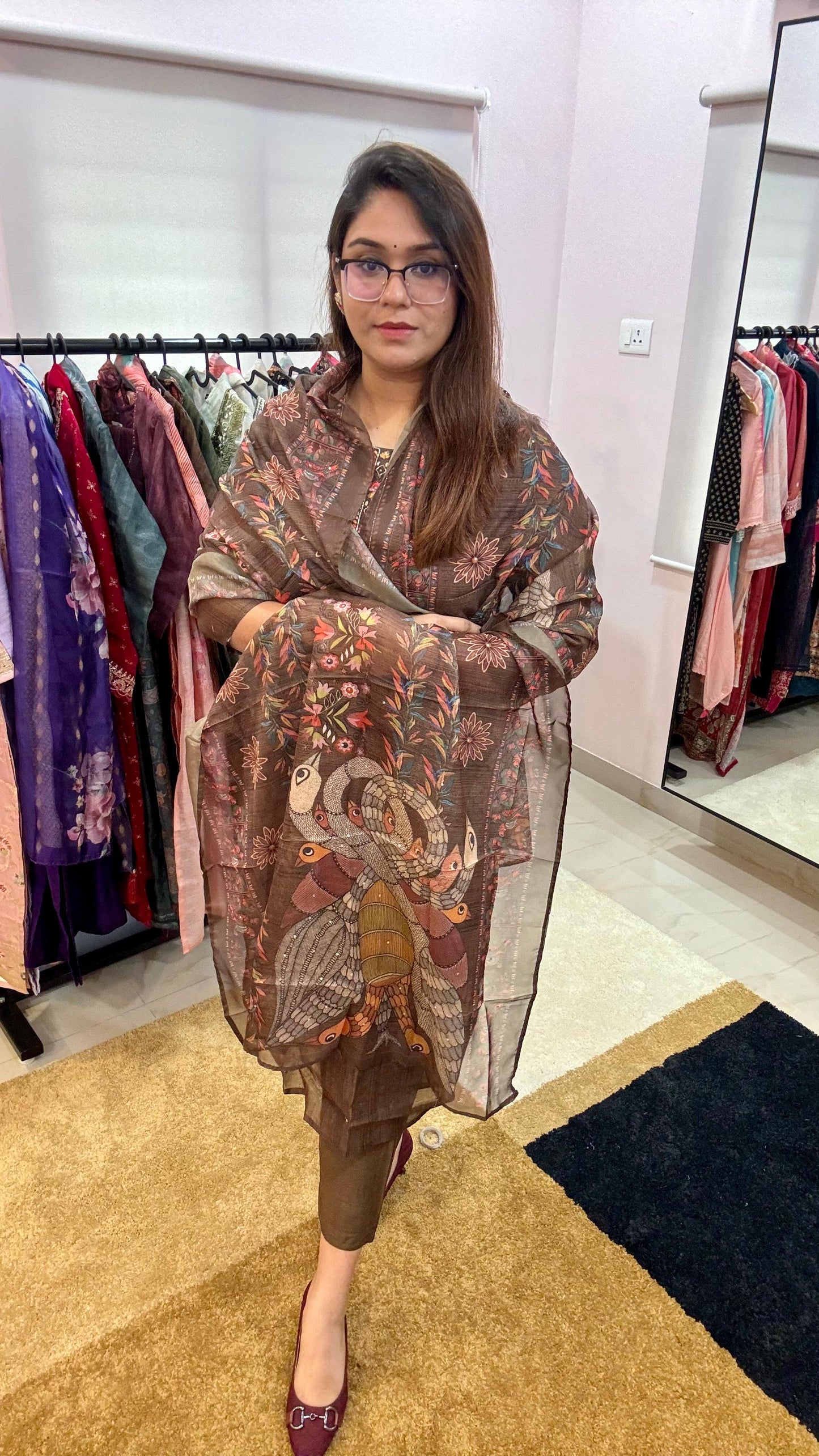Women Maheshwari Crepe Lining Readymade Suit Set