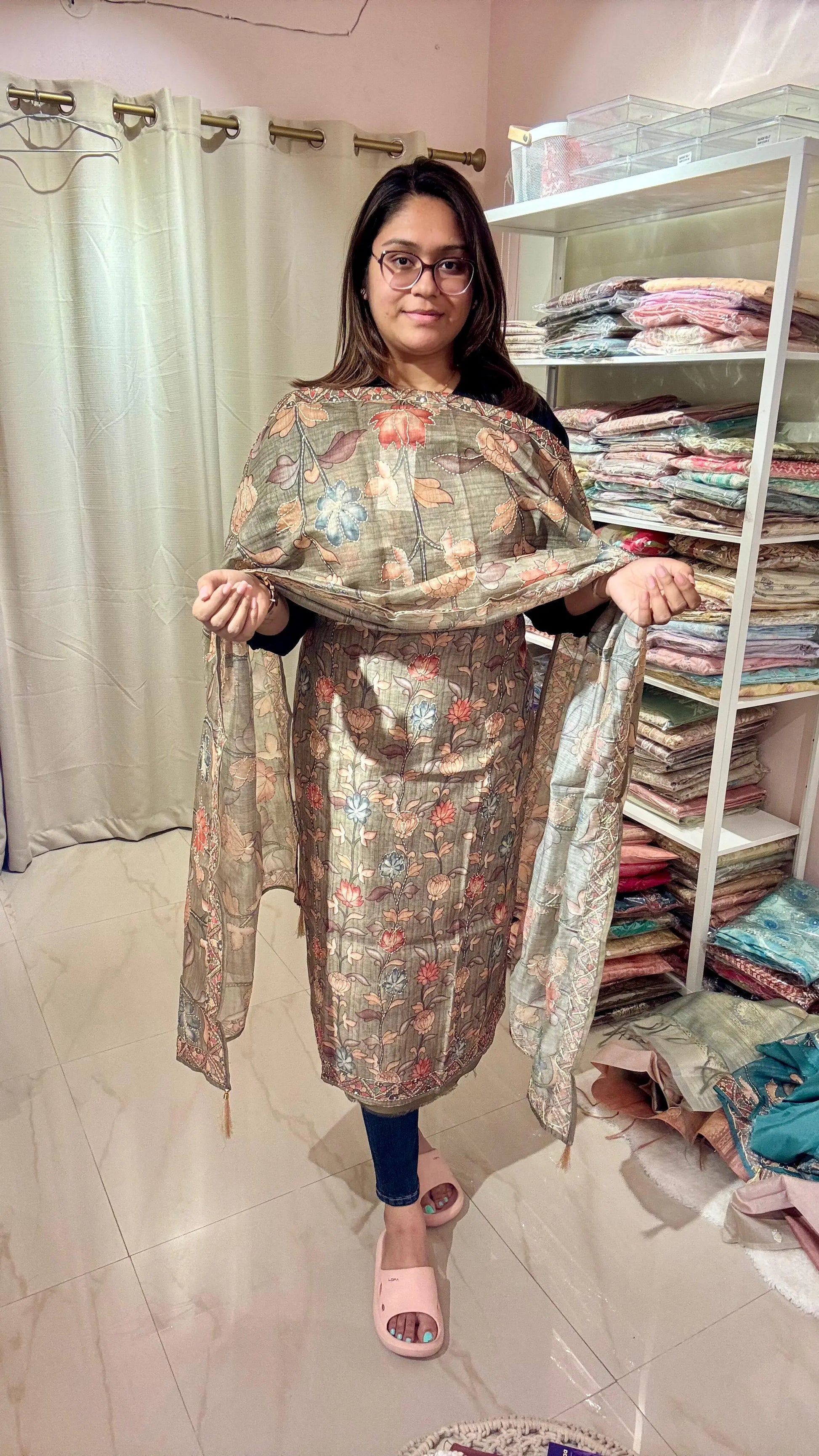 Women Pichwai Printed Kantha Work Chanderi Suit Dress Material Reyshaa