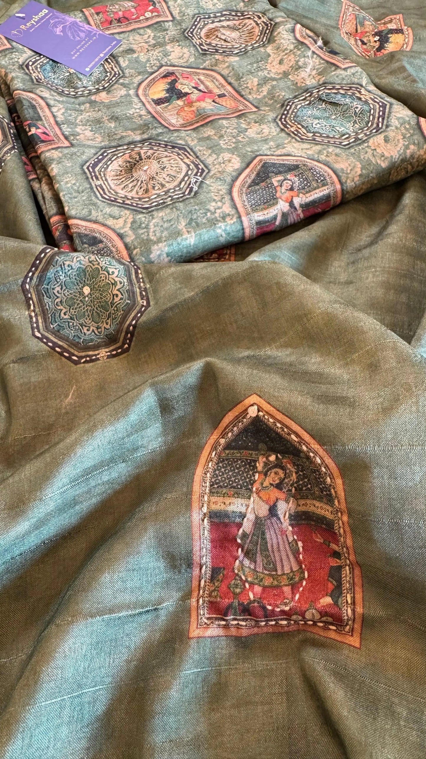 Women Madhubani Art Kantha Embroidery Tussar Silk Suit Dress Material Reyshaa