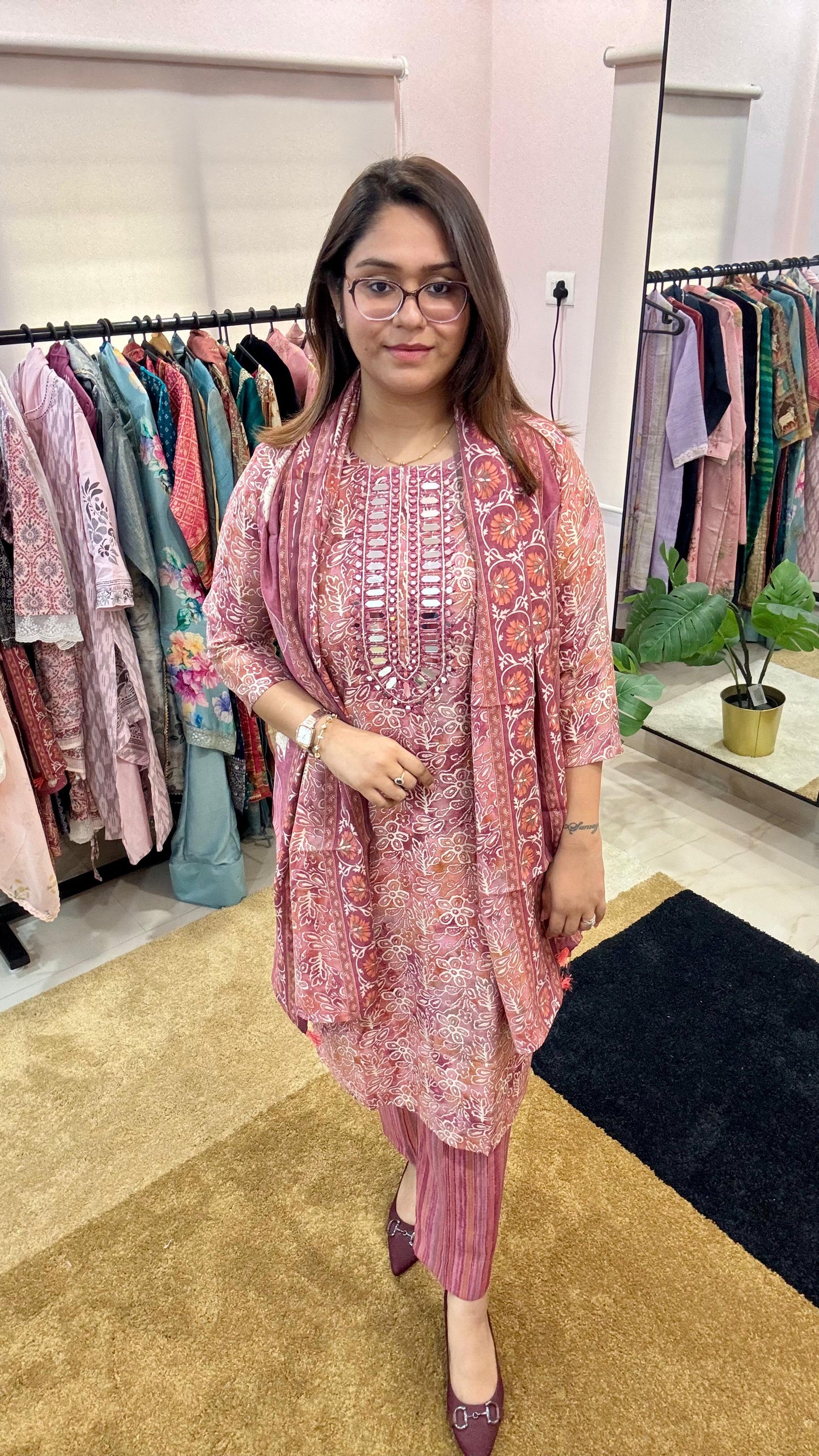 Women Pure Muslin With Real Mirror Work Readymade Suit Set