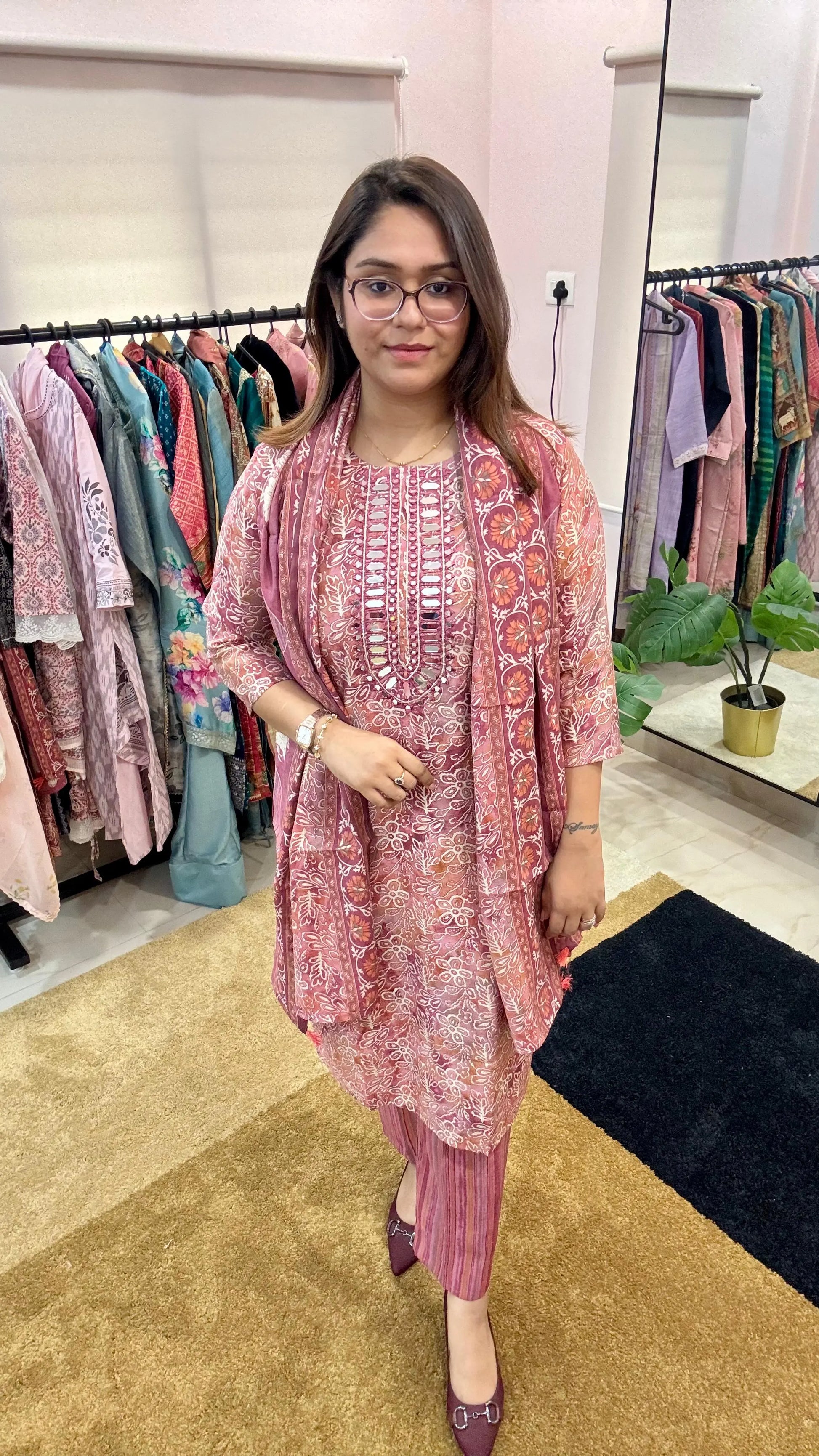 Women Pure Muslin With Real Mirror Work Readymade Suit Set Reyshaa