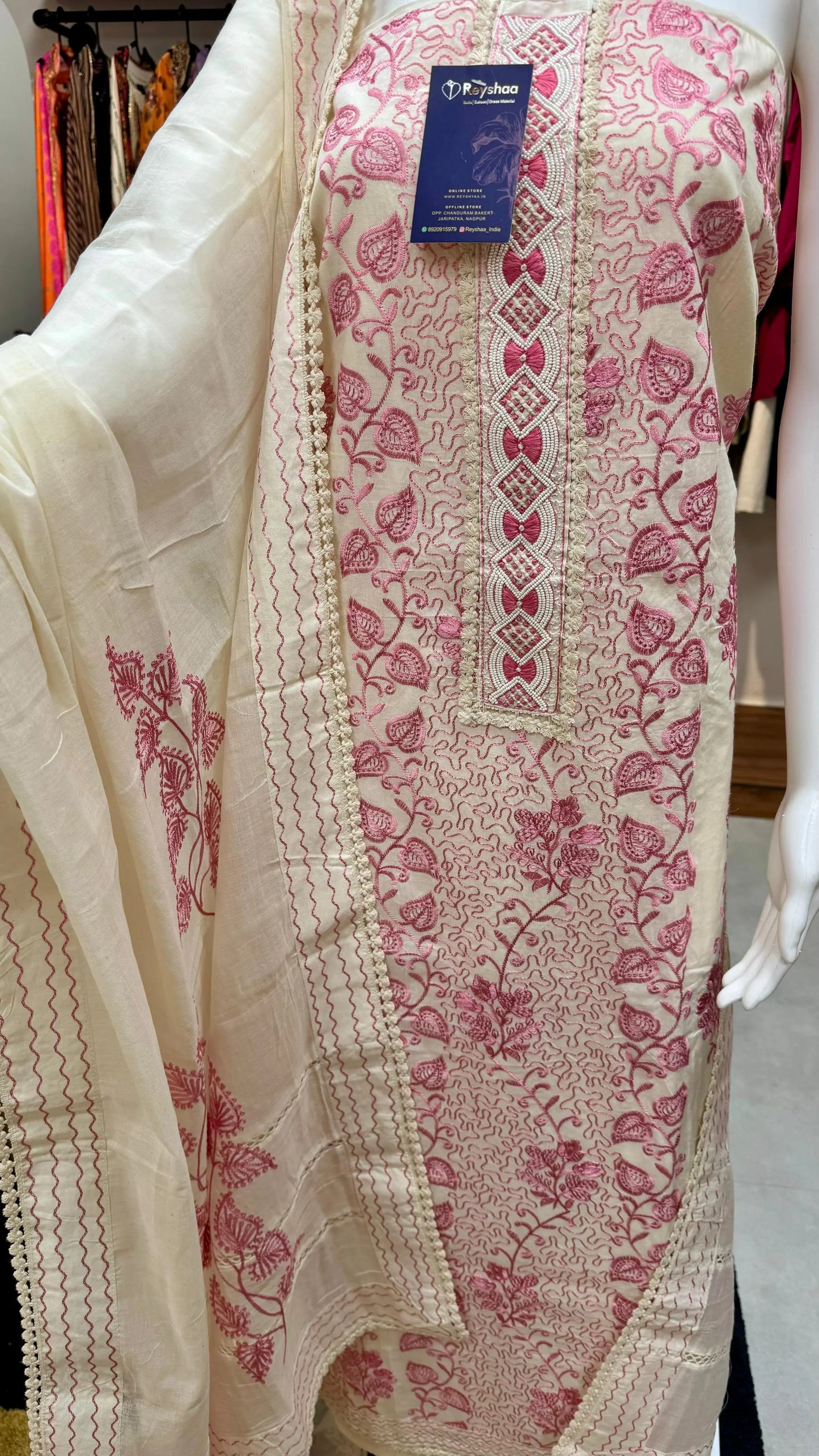Elegant Cream Fabric with Pink Floral Embroidery & Matching Dupatta – Unstitched Suit Material Reyshaa