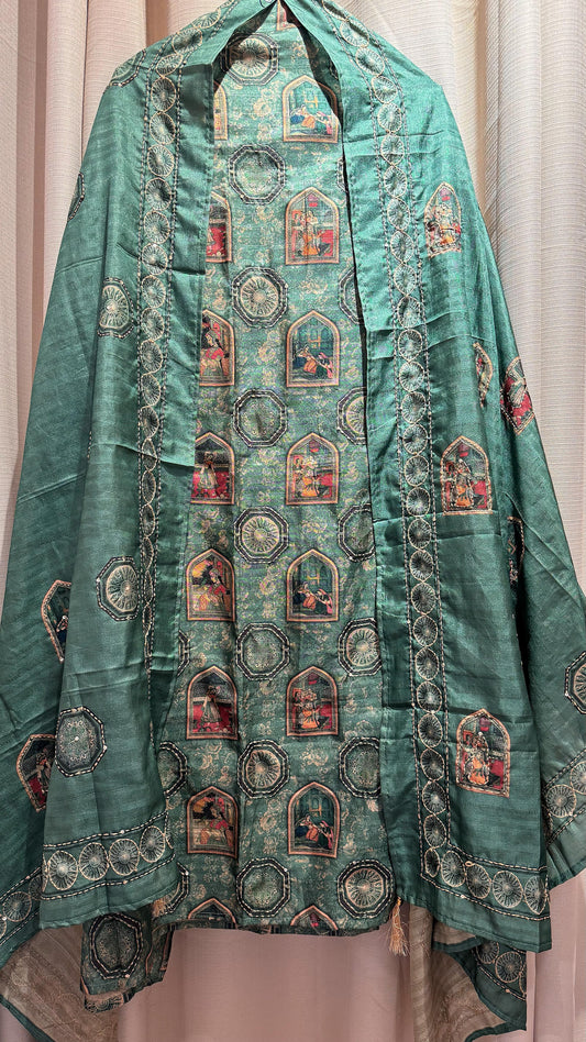 Women Madhubani Art Kantha Embroidery Tussar Silk Suit Dress Material Reyshaa