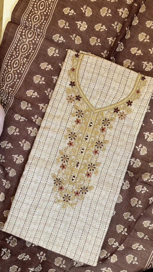Women Linen Kantha Embroidered Suit Dress Material