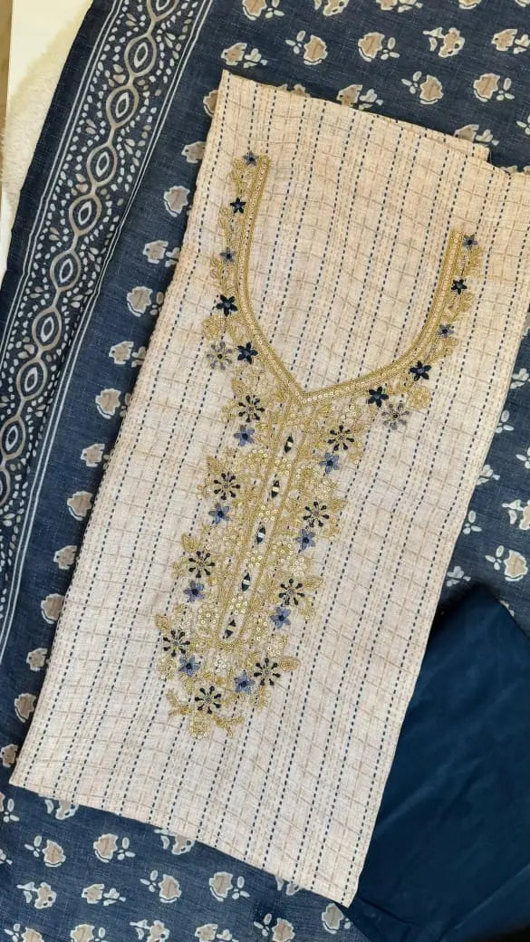 Women Linen Kantha Embroidered Suit Dress Material