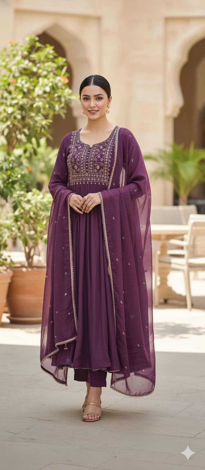 Pure Organza Silk A-Line Gathered Set with French-Knots Neck Panel & Scalloped Sequin Dupatta Reyshaa