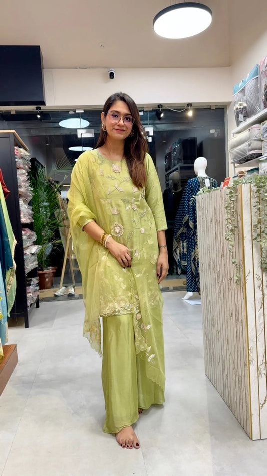 3D Appliqué Handwork Pakistani Suit Set with Plazo Pants Reyshaa