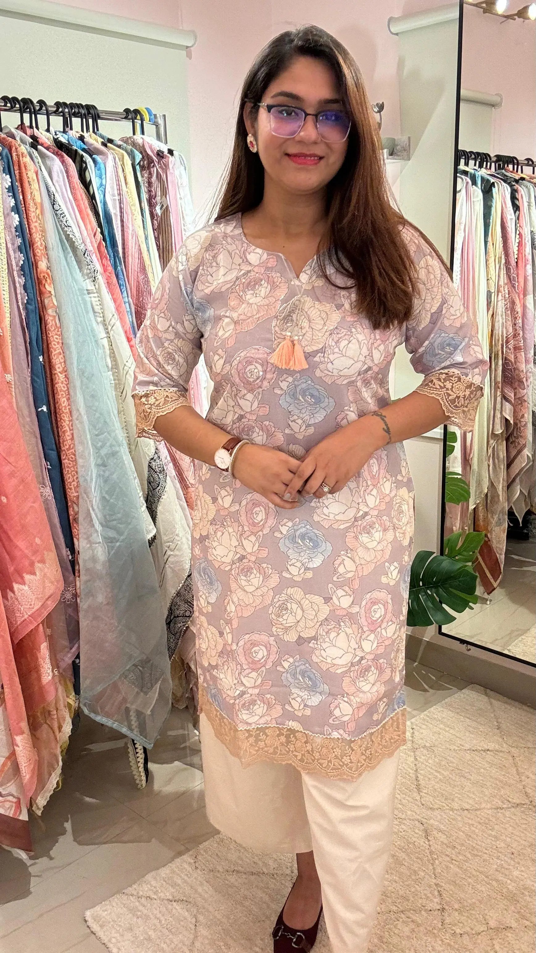 Women Linen Digital Print  Readymade Kurti (Pink)