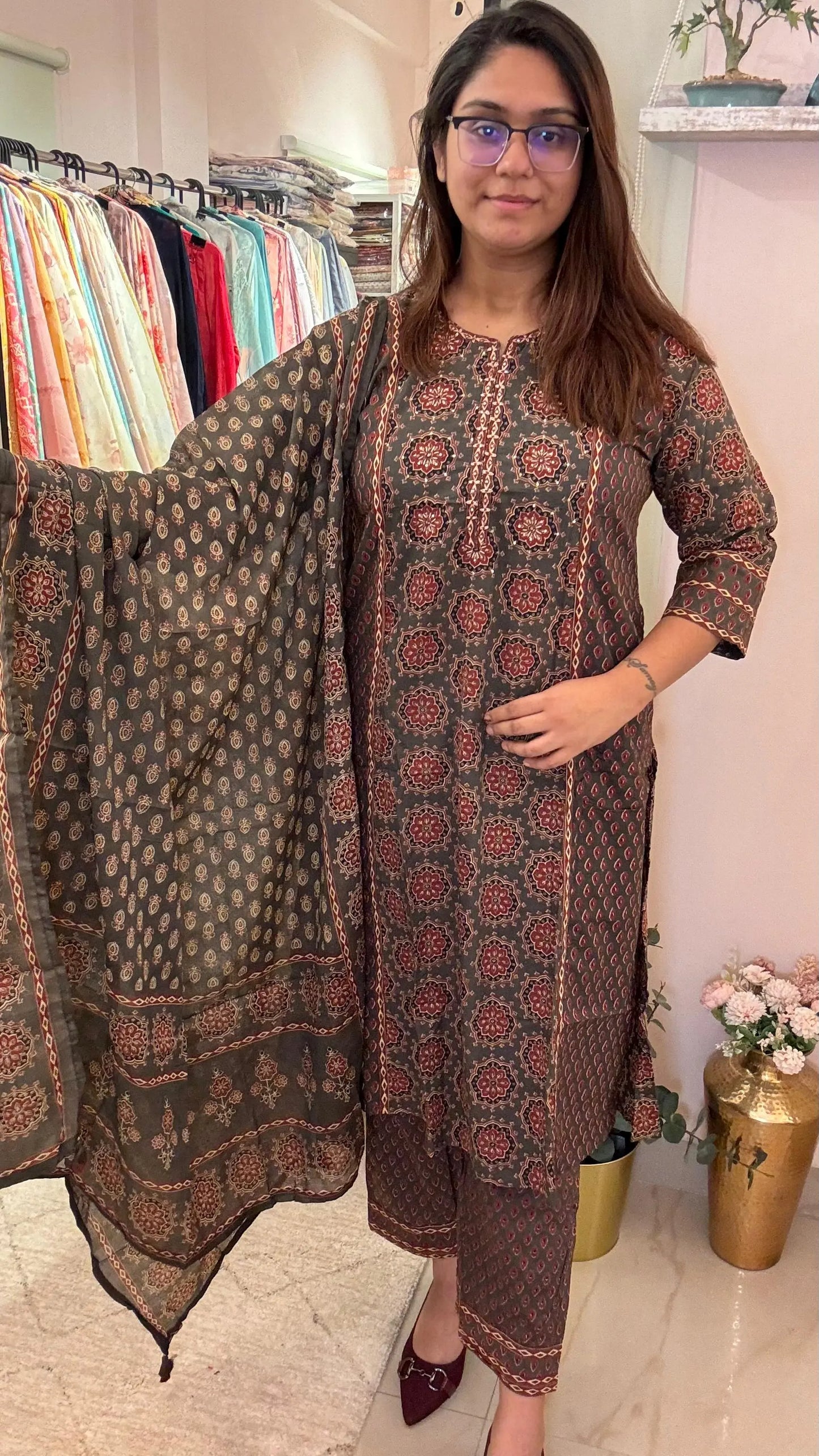 Women Ajrakh Pure Cotton Readymade Suit Set