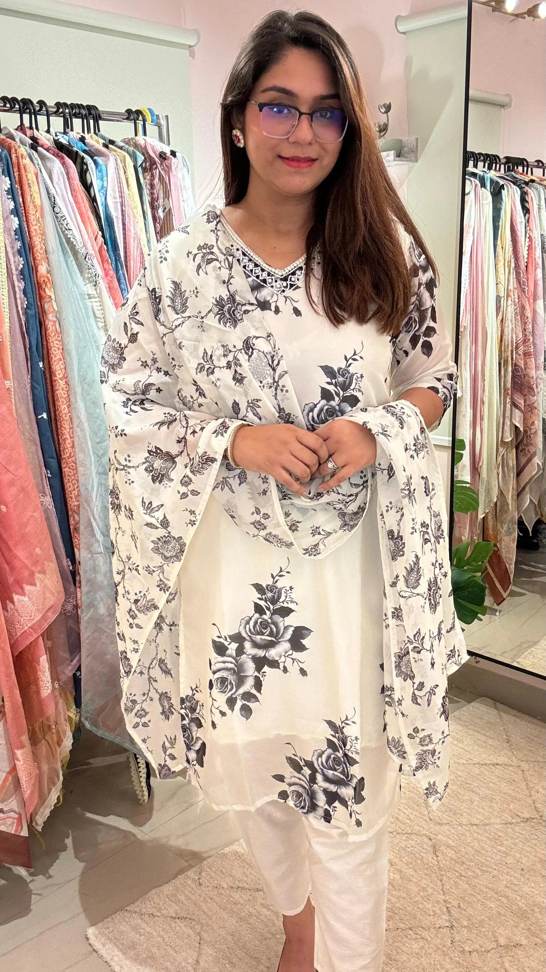 Women White Organza Readymade Suit Set