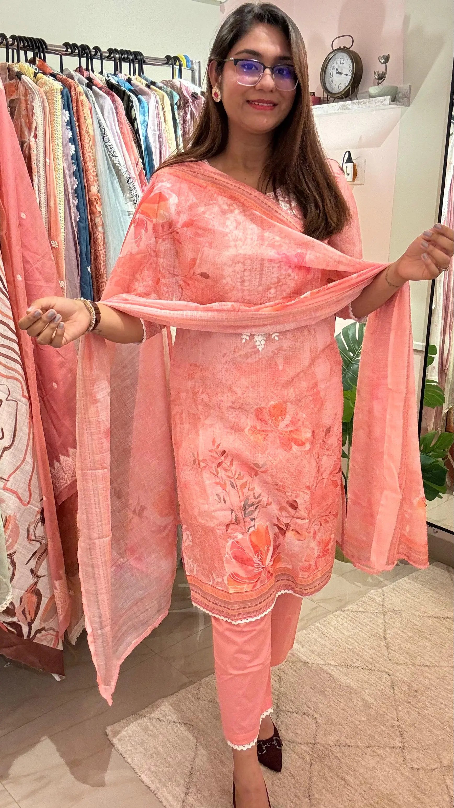Women Peach Linen Digital Print Suit Set