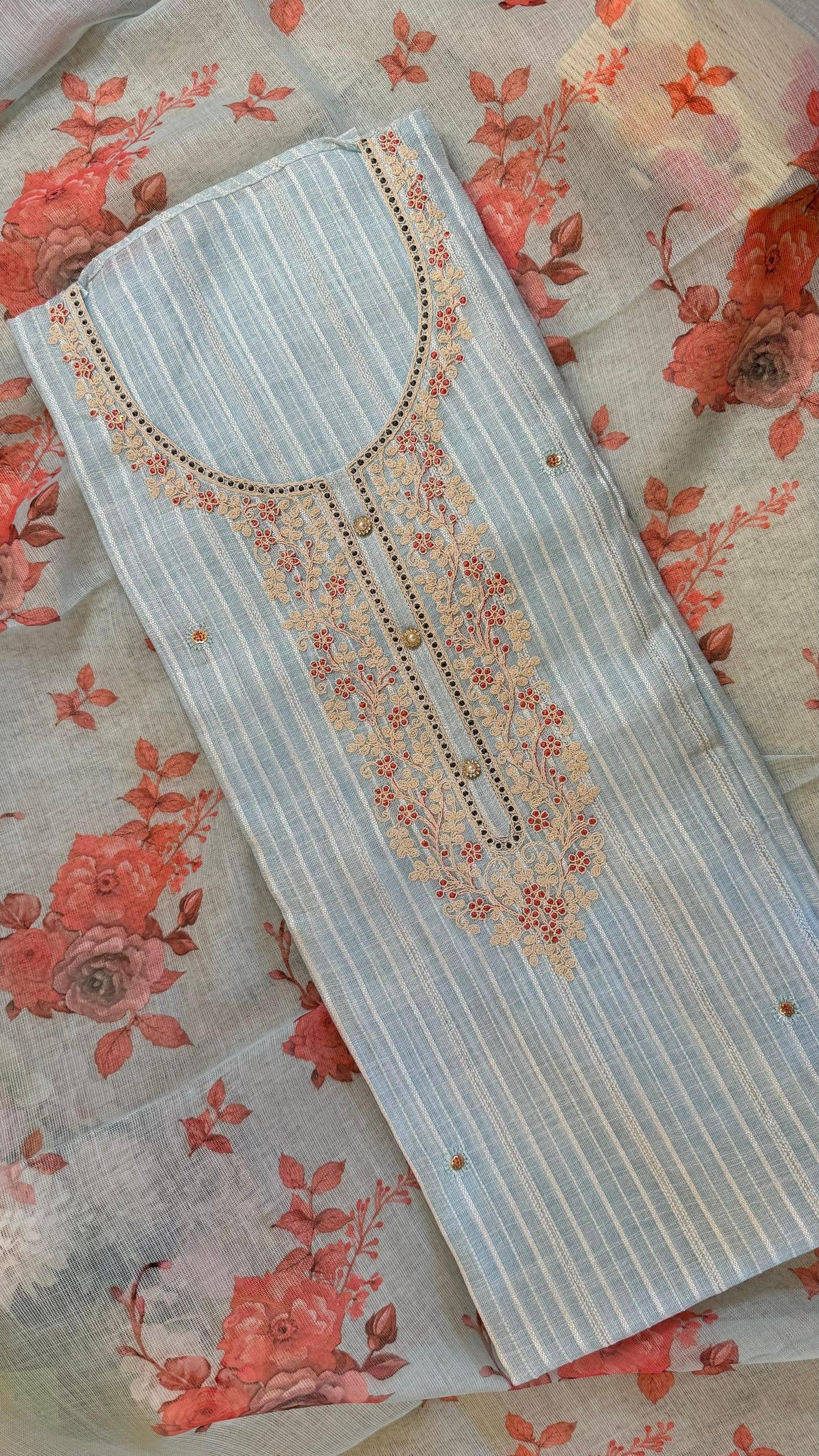 Women Linen Embellished Neck Embroidered Suit Dress Material